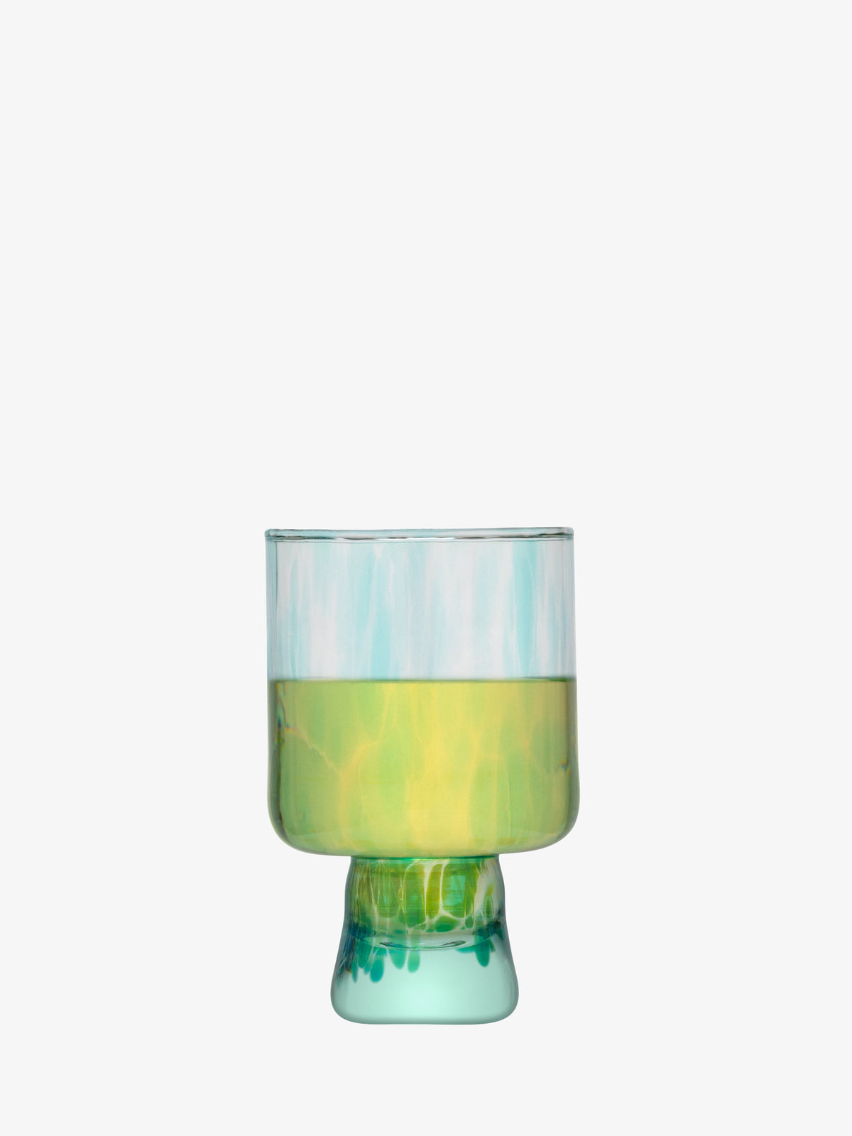 The lsa-international Wine Glass showcases a wide bowl and short base, crafted from recycled glass in a mix of translucent green and yellow hues, presented against a plain white background.