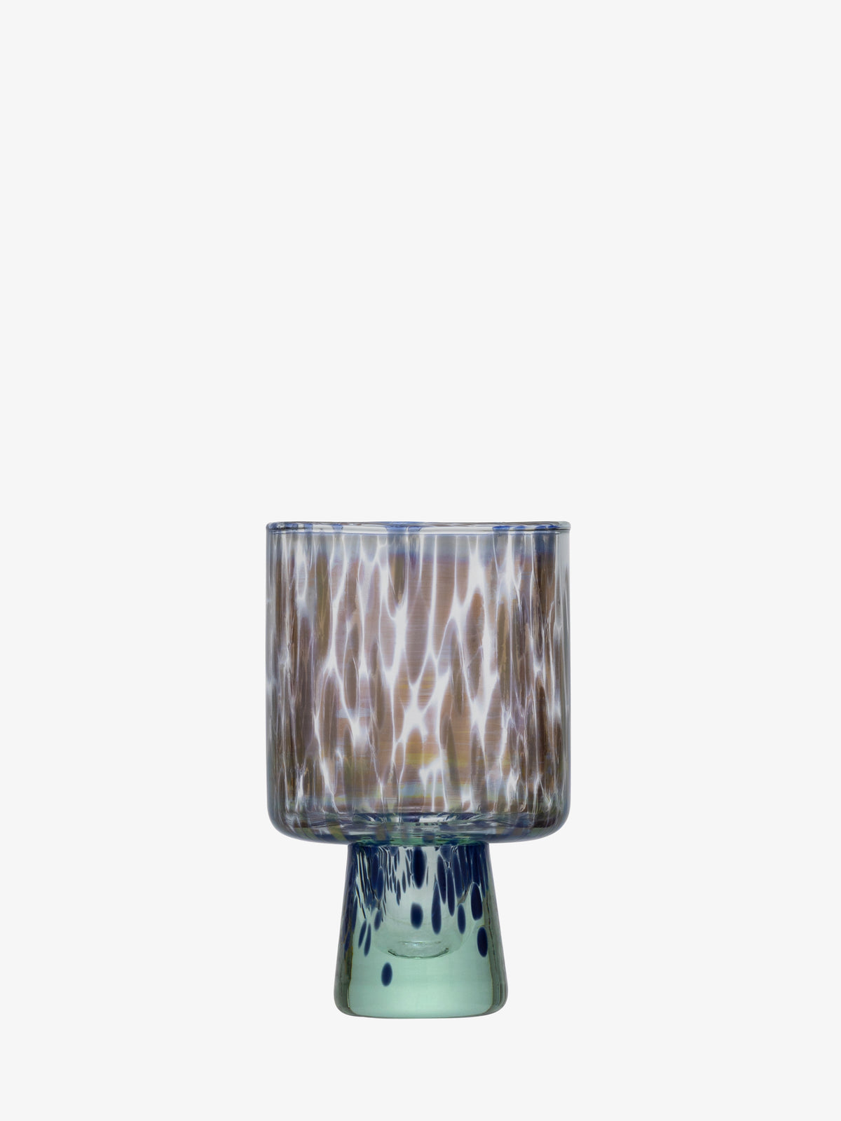 A short, round Wine Glass by lsa-international, featuring a mottled, multicolored pattern reminiscent of sea glass and a thick, green-tinted base, displayed on a plain white background.
