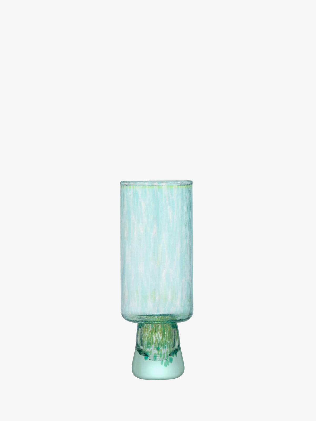 A light blue-green Flute Glass by lsa-international, crafted from recycled glass with a cylindrical bowl and a short, round base. It features a textured, speckled pattern on the lower part reminiscent of sea glass, set against a plain white background.