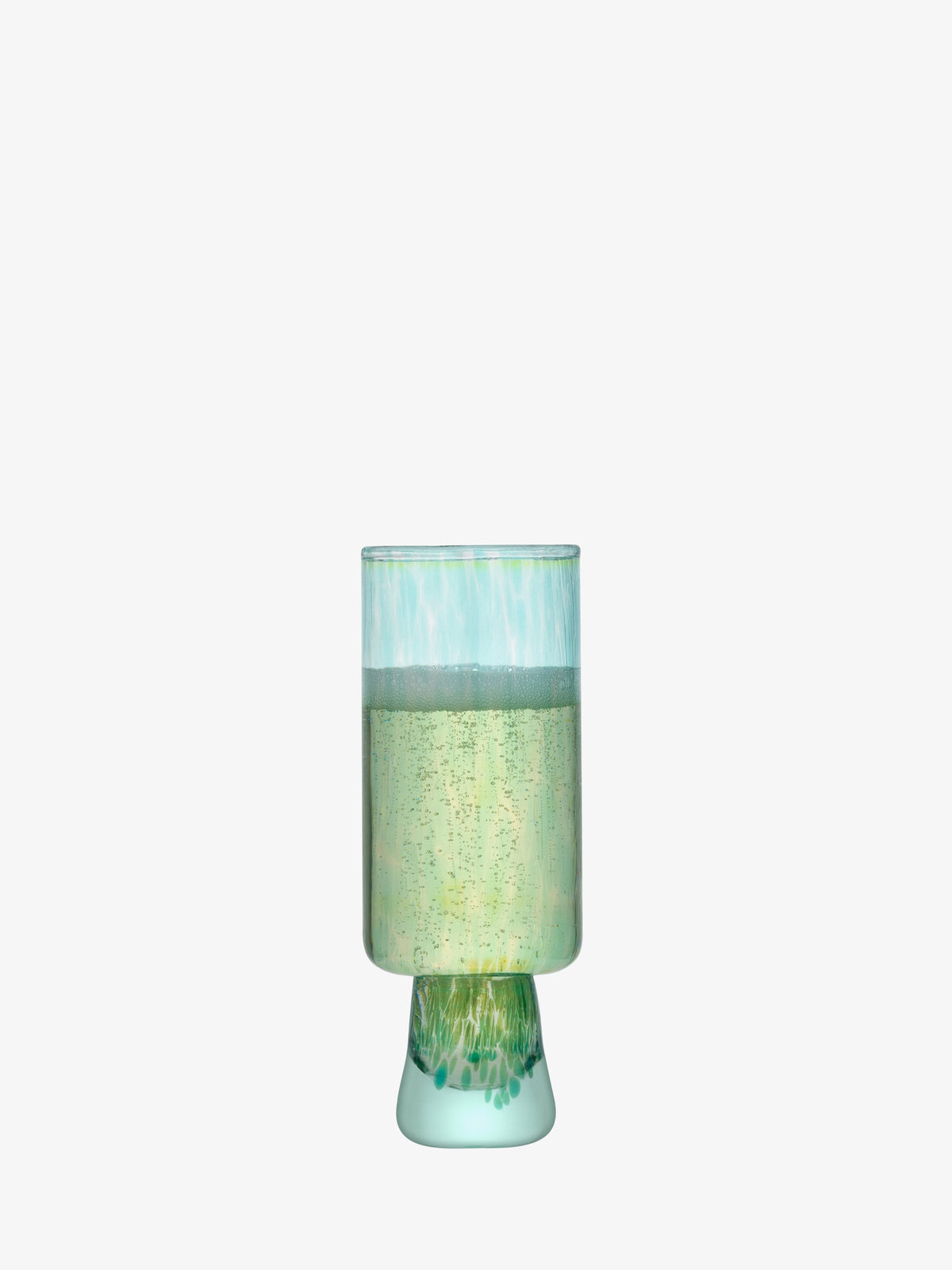A lsa-international Flute Glass with a subtle green tint, reminiscent of sea glass, is filled with a sparkling pale yellow beverage and positioned at the center of a plain white background.