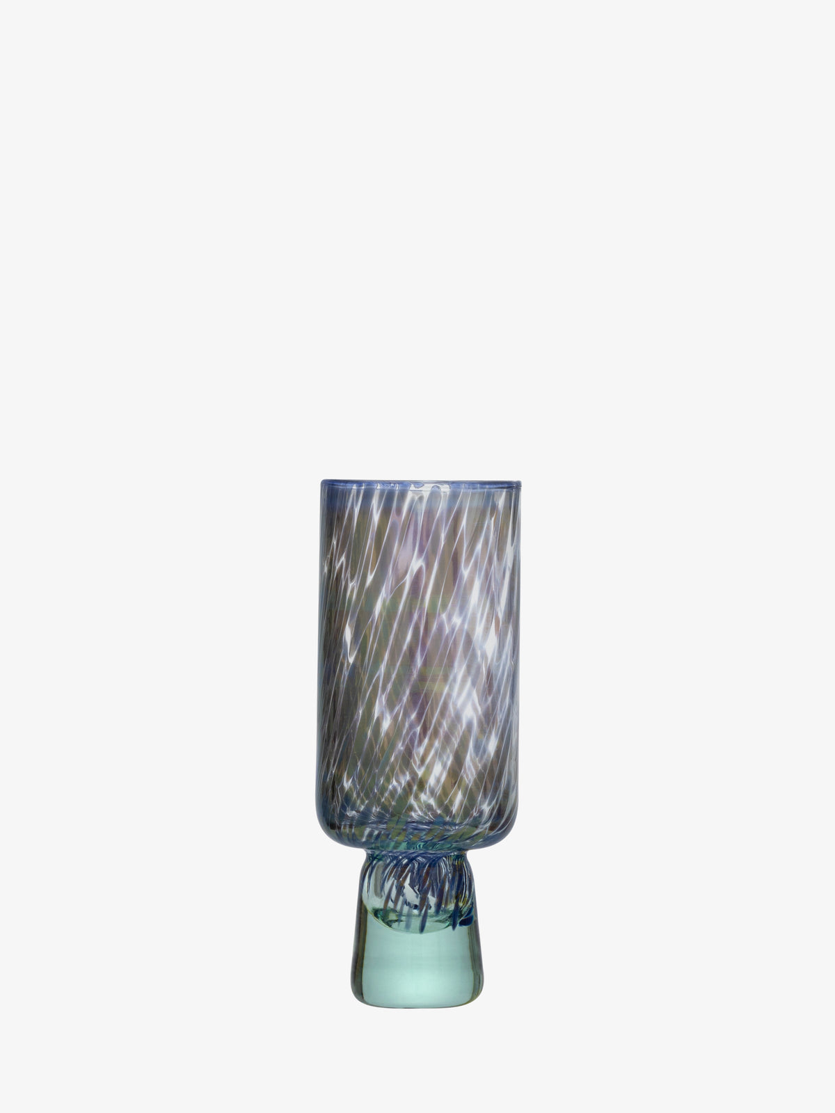 A tall, translucent lsa-international Flute Glass featuring a textured, swirled pattern in blue and white hues sits on a small, rounded base against a plain white background, evoking the artisanal charm of recycled glass tonal flute glasses.