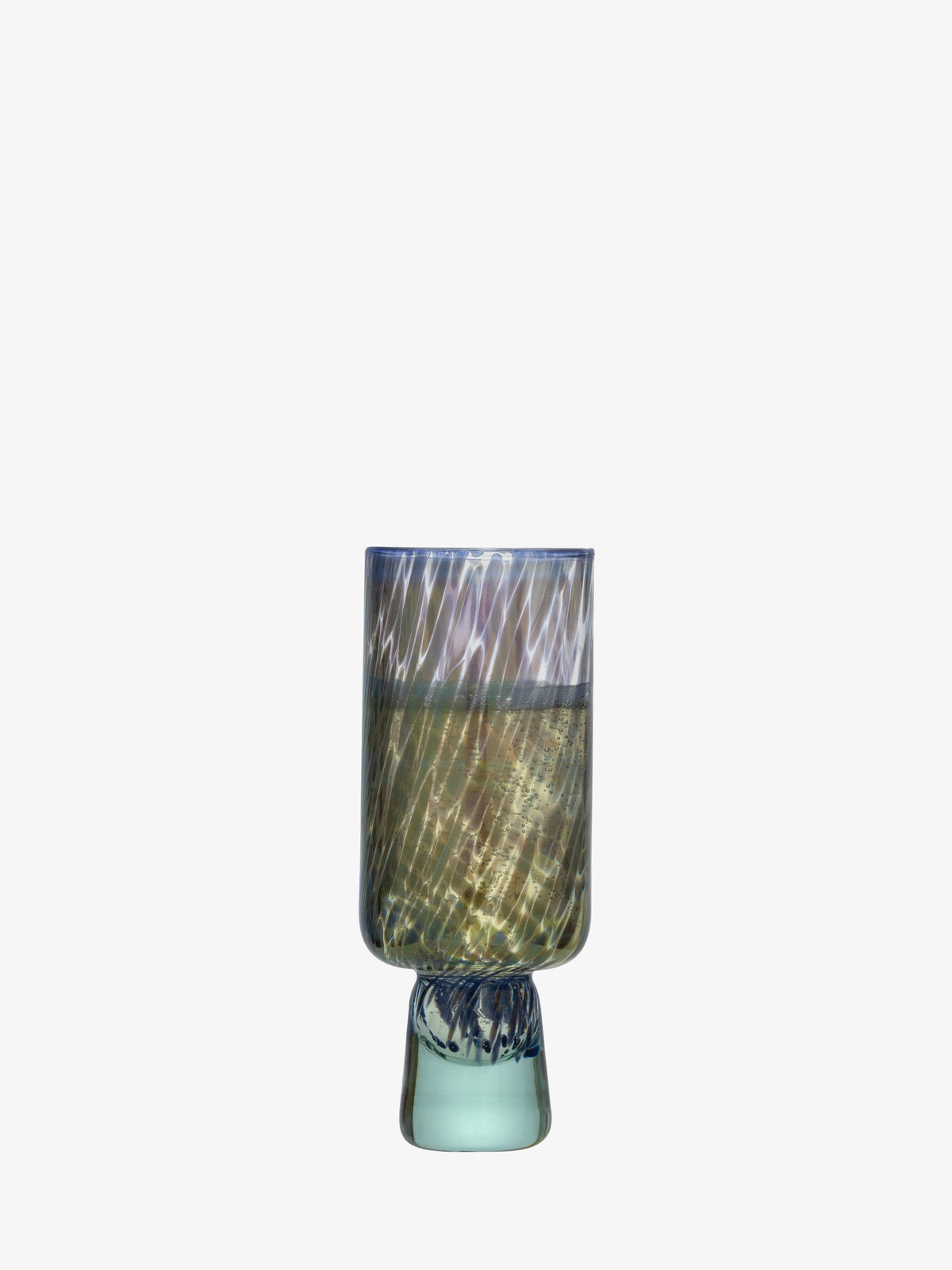 The lsa-international Flute Glass is a modern, artistic drinking glass crafted from recycled glass, featuring a textured wavy pattern along its wide cylindrical bowl and a short, sturdy, slightly blue-tinted base, set against a plain white background.