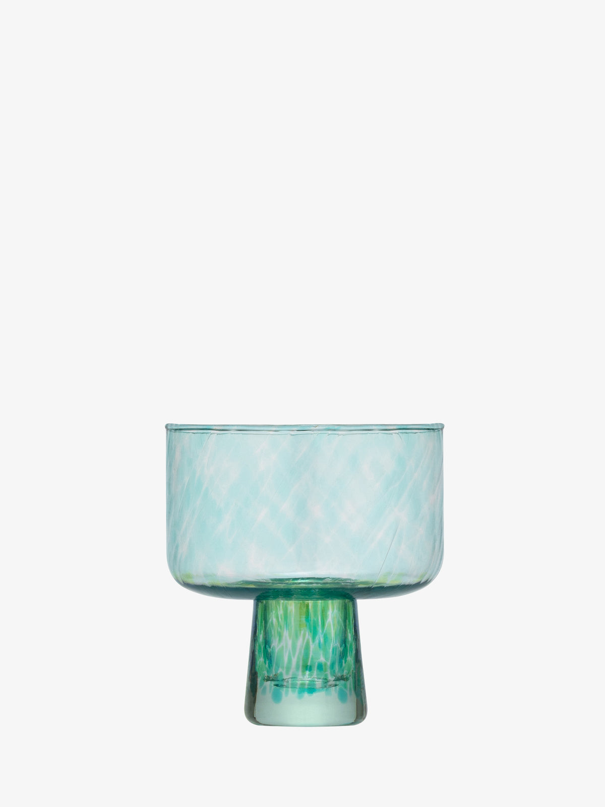 The lsa-international Cocktail Saucer showcases a translucent glass design with a wide, rounded top and short, cylindrical base. It features a serene light blue and green marbled pattern on white, evoking the look of sea glass for a calming coastal accent.