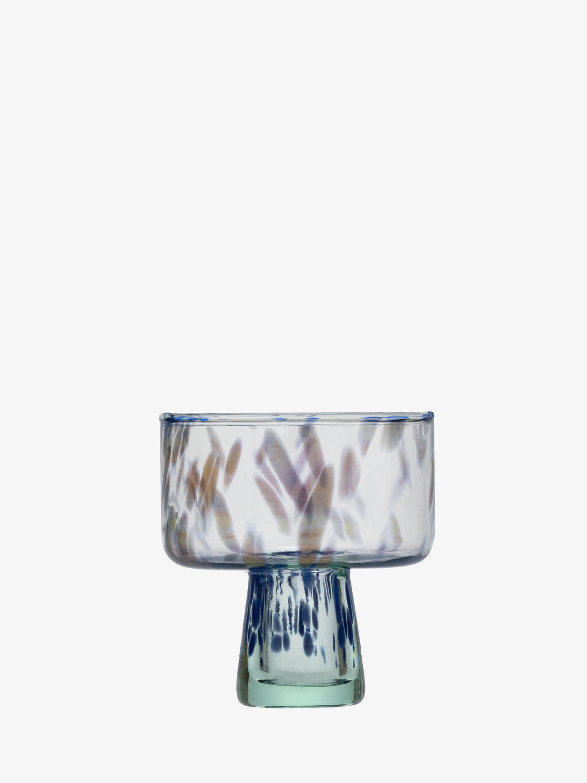 The lsa-international Cocktail Saucer features a short, wide base and a round bowl, adorned with a speckled blue and purple pattern on a transparent background reminiscent of sea glass.