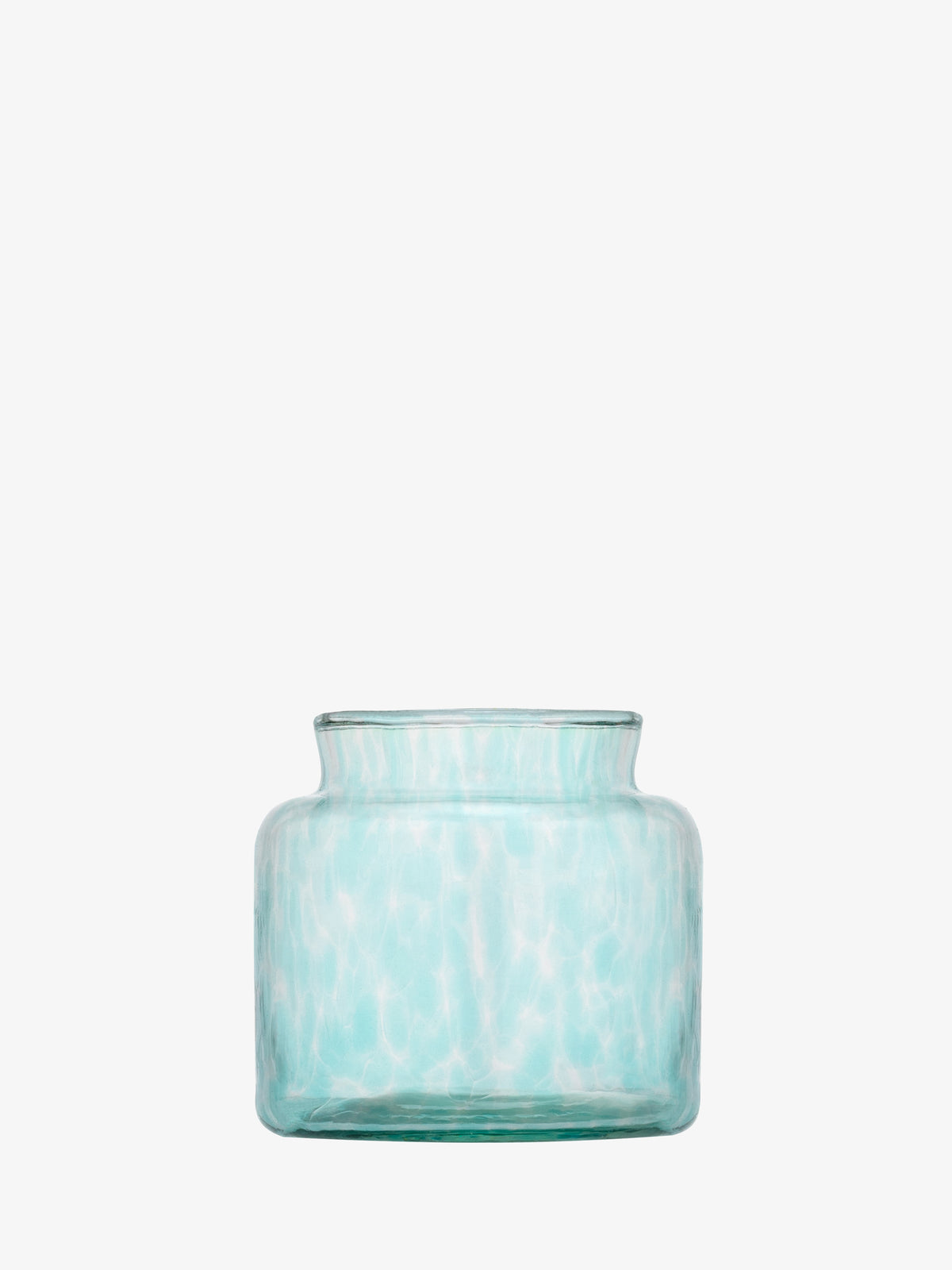 The lsa-international Tealight Holder/Vase is crafted from recycled glass in a light blue hue, featuring a wide, round body and a short, narrow neck. Its marbled or mottled pattern evokes the look of sea glass, and it is displayed against a plain white background.