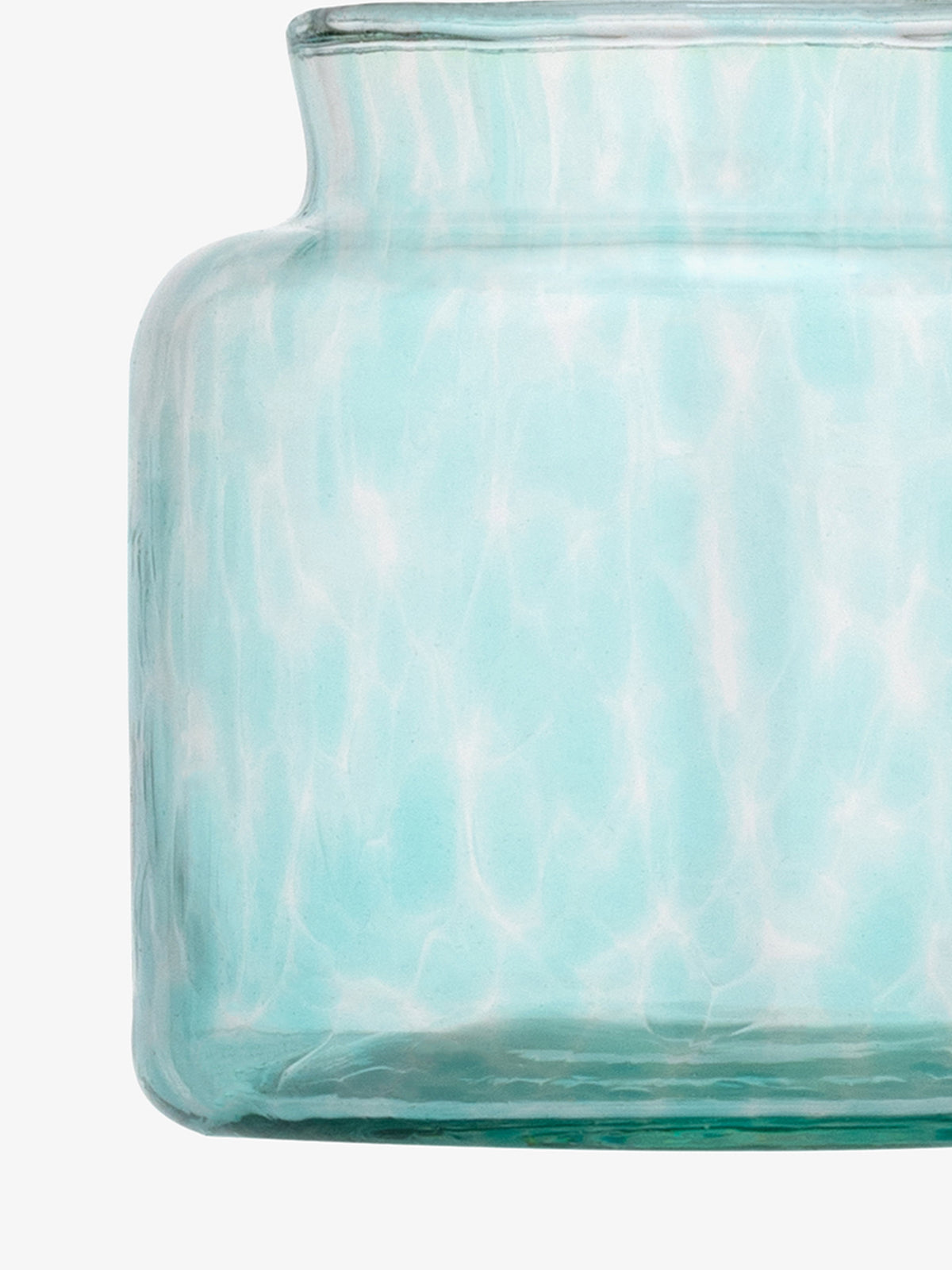 A close-up of an empty, translucent lsa-international Tealight Holder/Vase featuring a wide mouth and a reflective, wavy texture reminiscent of recycled glass.