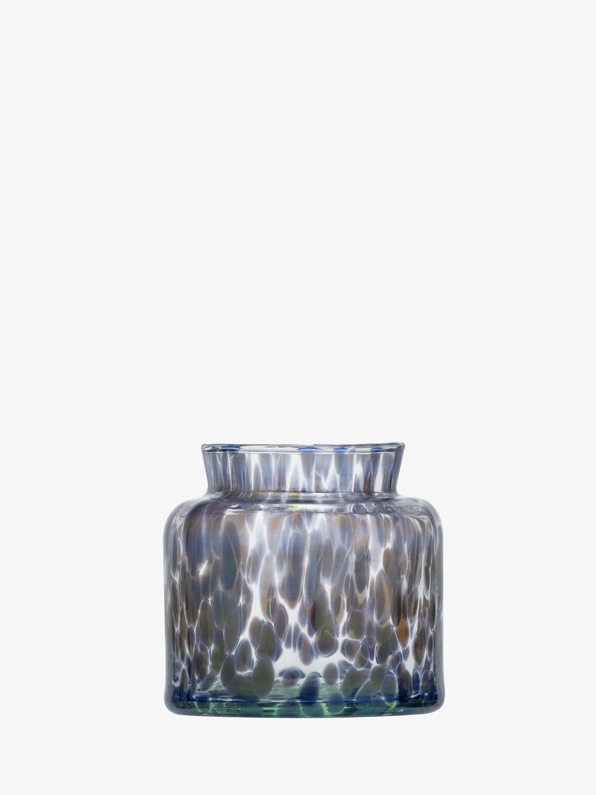 The lsa-international Tealight Holder/Vase is a short, round piece crafted from recycled glass, featuring a wide opening and a transparent body adorned with blue, white, and purple spots reminiscent of sea glass hues. Shown against a plain white background, this stylish accessory can be used both as an elegant vase or as a sophisticated glass tealight holder.