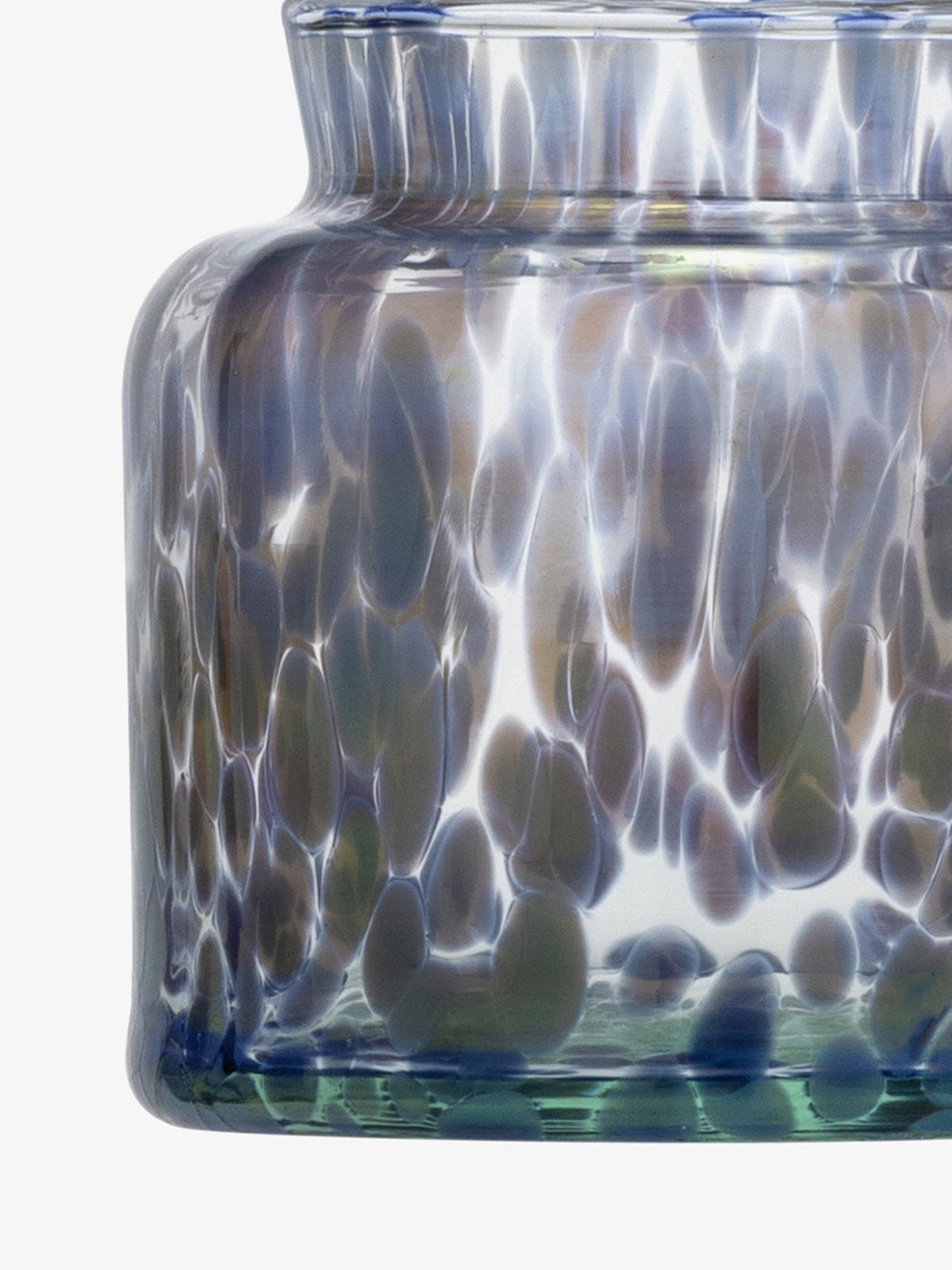 A close-up of the lsa-international Tealight Holder/Vase, featuring a wide opening. The glass jar showcases a mottled pattern with blue, white, and gray spots that create a textured, colorful look reminiscent of sea glass. The background is plain white.