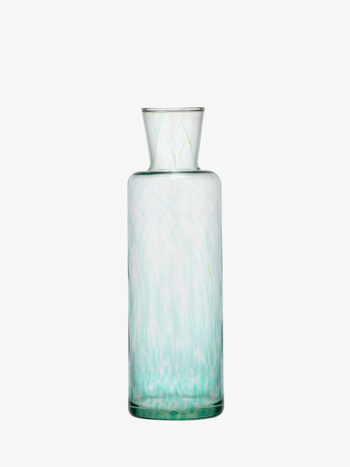The lsa-international Carafe is a tall, clear glass vessel with a flared rim and a subtle light blue-green gradient reminiscent of sea glass. Crafted from recycled glass, it stands elegantly against a plain white background.