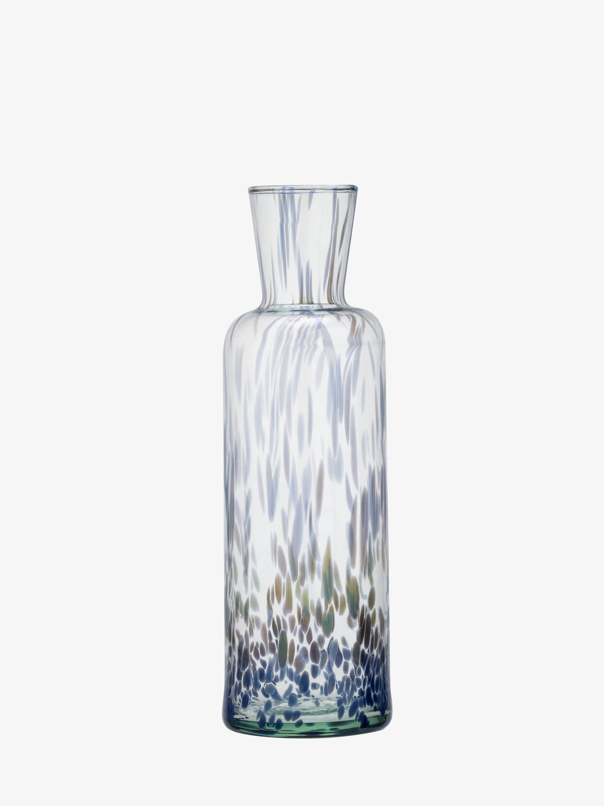 The lsa-international Carafe is crafted from recycled clear glass and features a flared rim, with a speckled pattern of blue, white, and grey concentrated at the base and softly fading upwards.