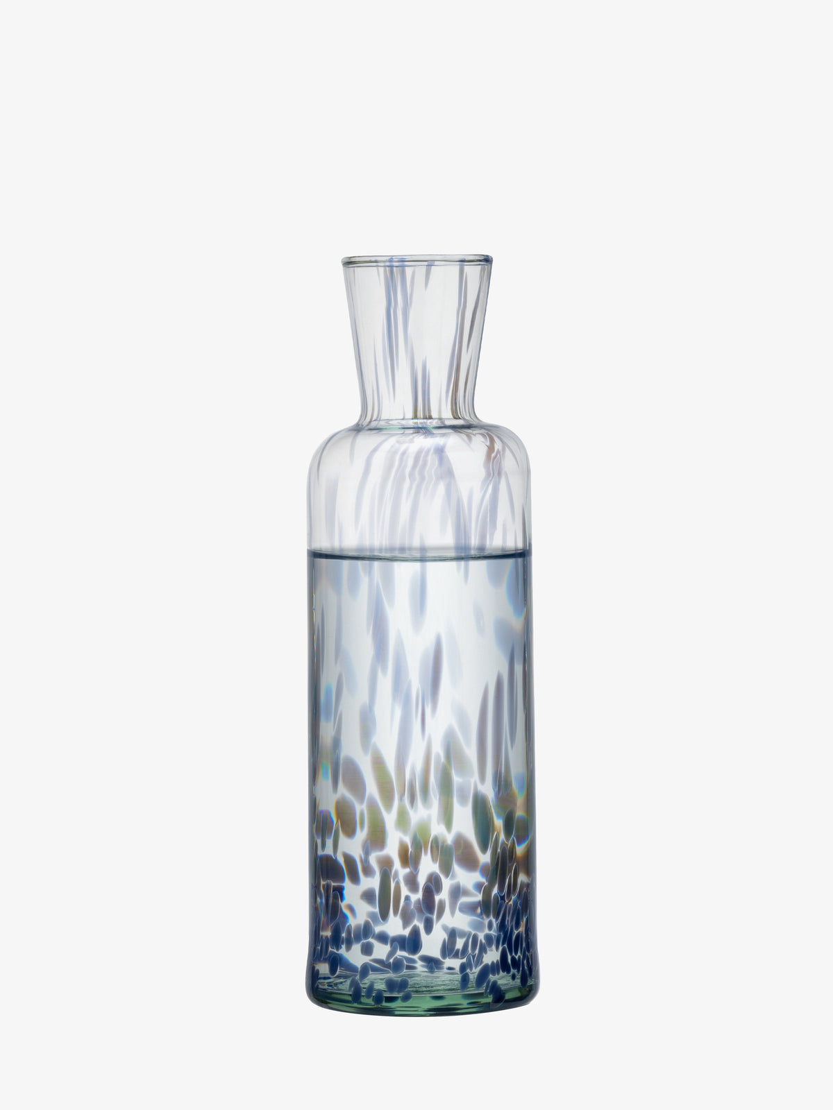 The lsa-international Carafe is a clear recycled glass vessel with a wide neck, partially filled with water. Its lower half displays a striking blue, green, and white speckled pattern, set against a plain white background.