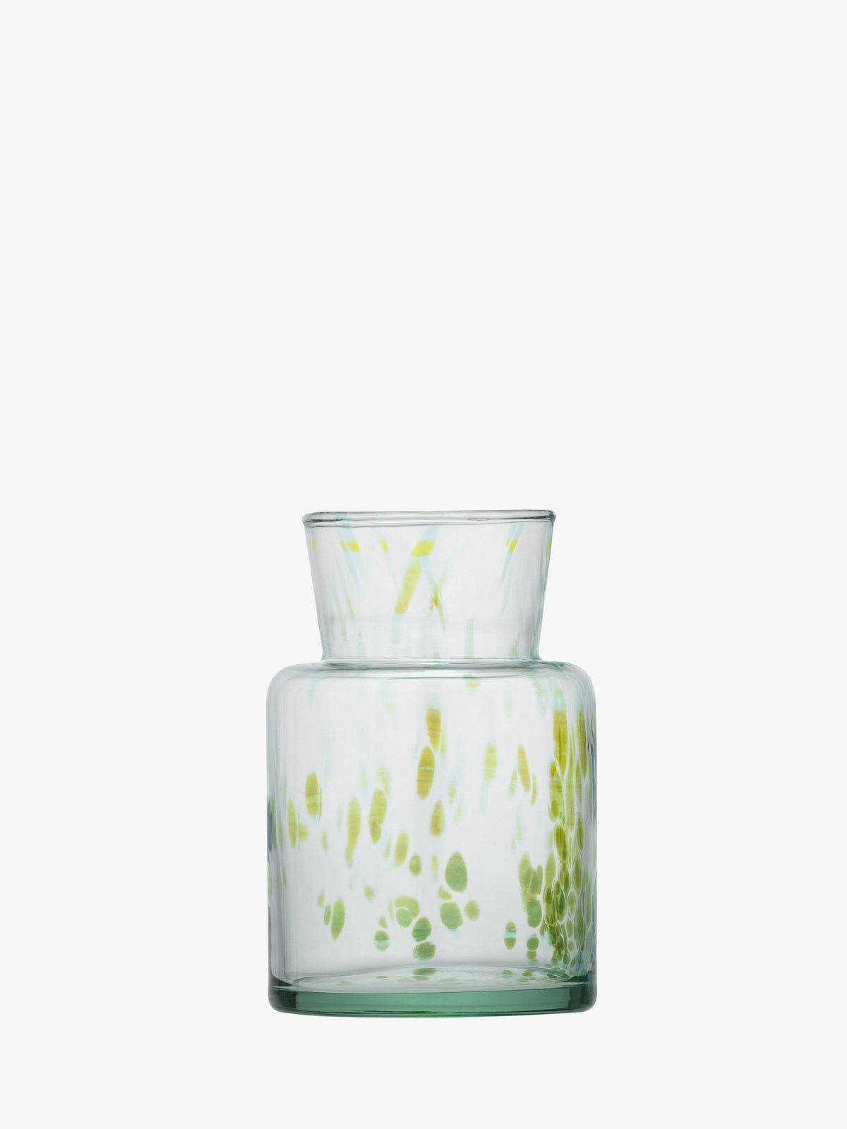 Bud Vase by lsa-international, crafted from recycled clear glass, features green and yellow speckled patterns, a wide cylindrical body, and a short flared neck. Set against a plain white background.