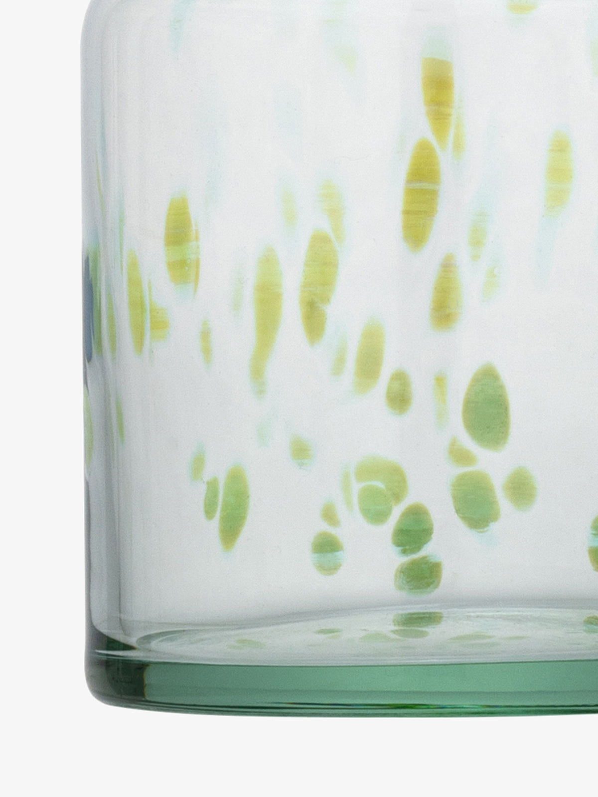 Side view of the lsa-international Bud Vase, crafted from recycled glass and featuring green and yellow oval spots on a transparent surface.
