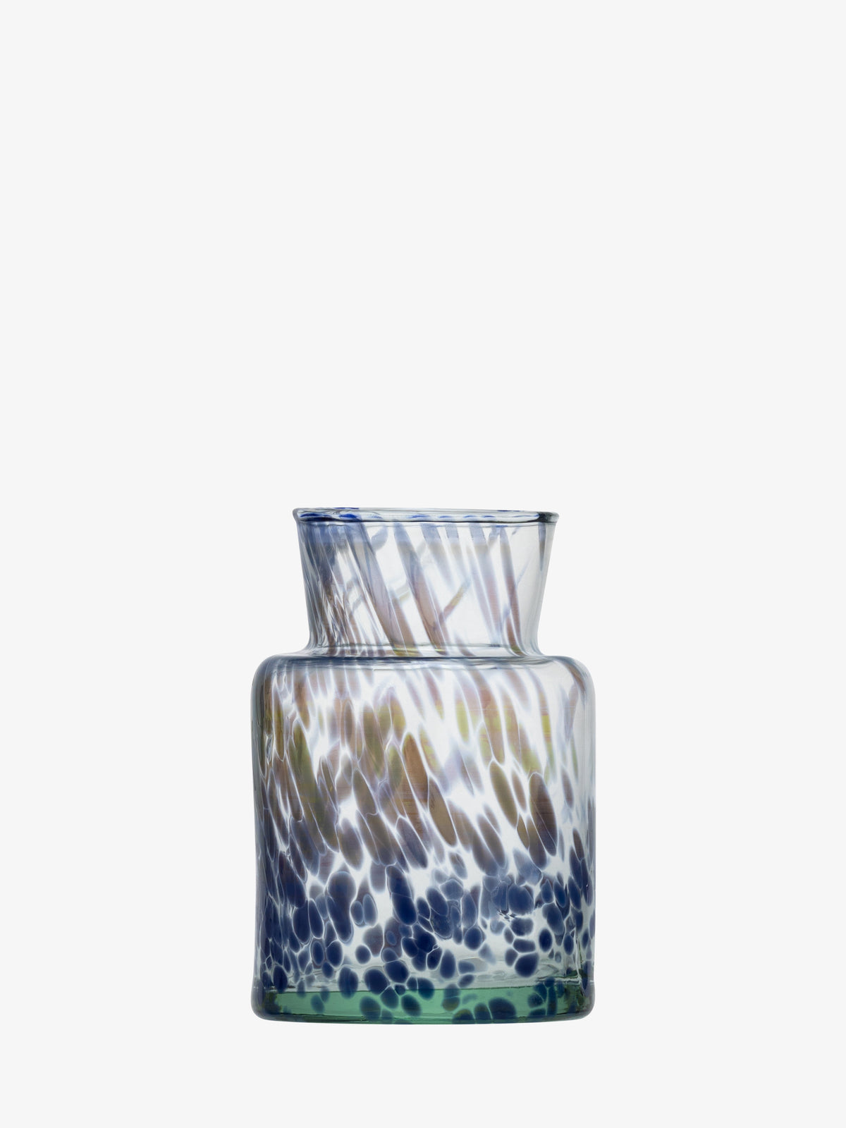 The Bud Vase by lsa-international is a mouth-blown glass piece with a wide neck, showcasing blue, green, and brown speckled patterns across its transparent body, displayed against a plain white background.