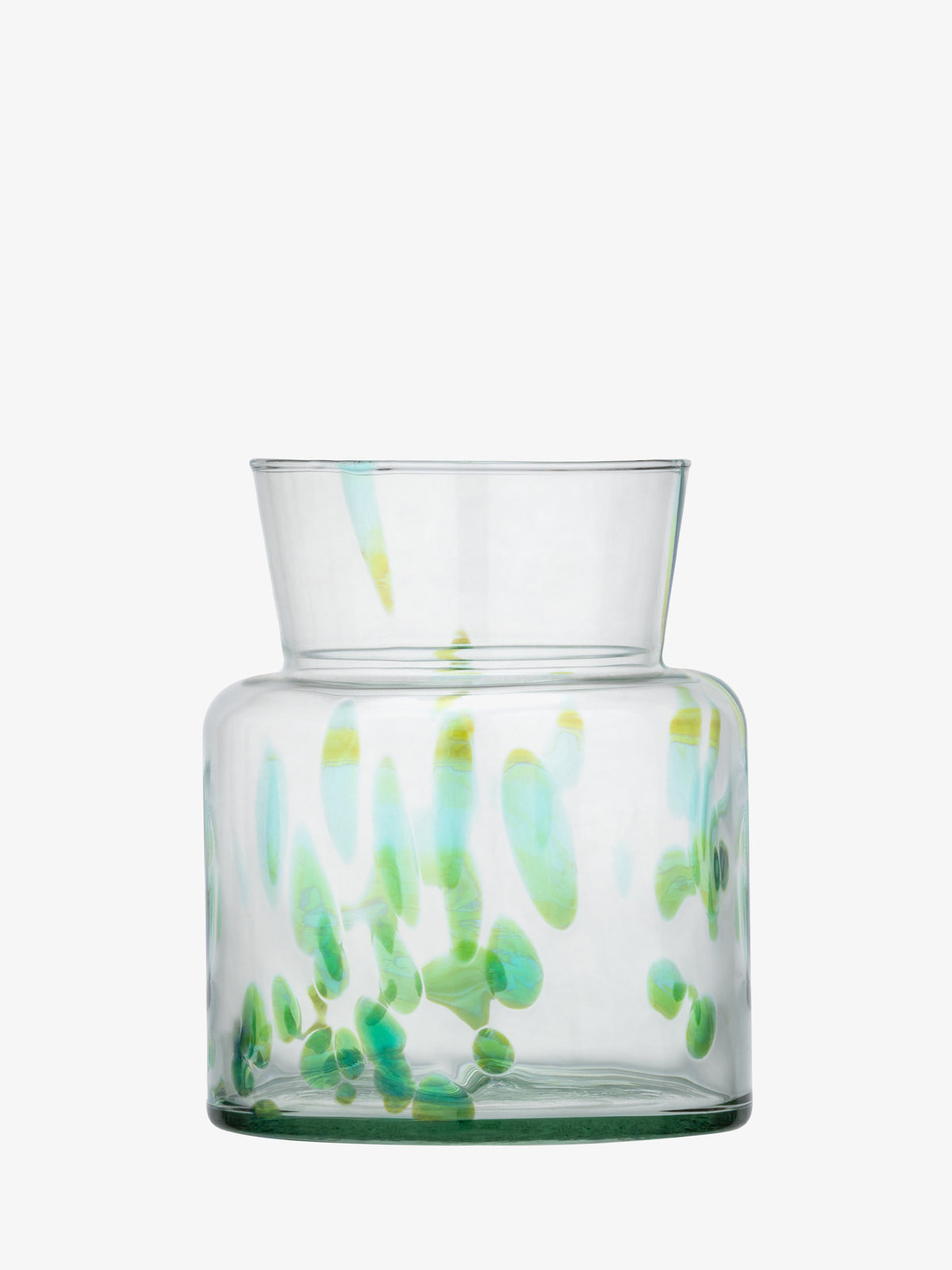 The lsa-international Sea Glass Vase/Lantern is crafted from clear recycled glass and features a wide cylindrical base with a slender neck, adorned throughout with green and turquoise abstract speckles for a distinctive pattern.