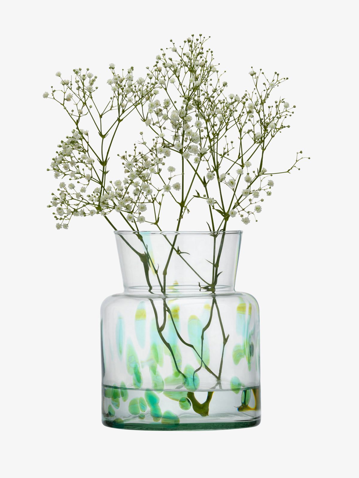 The lsa-international Sea Glass Vase/Lantern, crafted from recycled clear glass and featuring a speckled pattern of green and yellow spots, is shown holding delicate baby’s breath branches with tiny white blossoms against a simple white background.