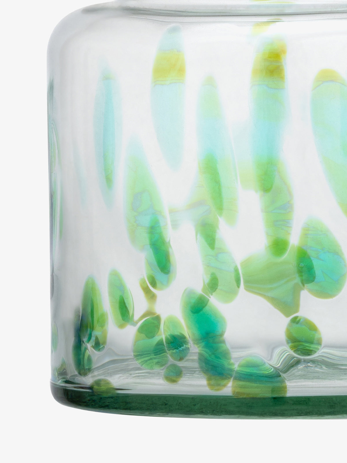 Close-up of the lsa-international Sea Glass Vase/Lantern, featuring abstract green and yellow speckled patterns throughout its clear recycled glass, shown against a white background.