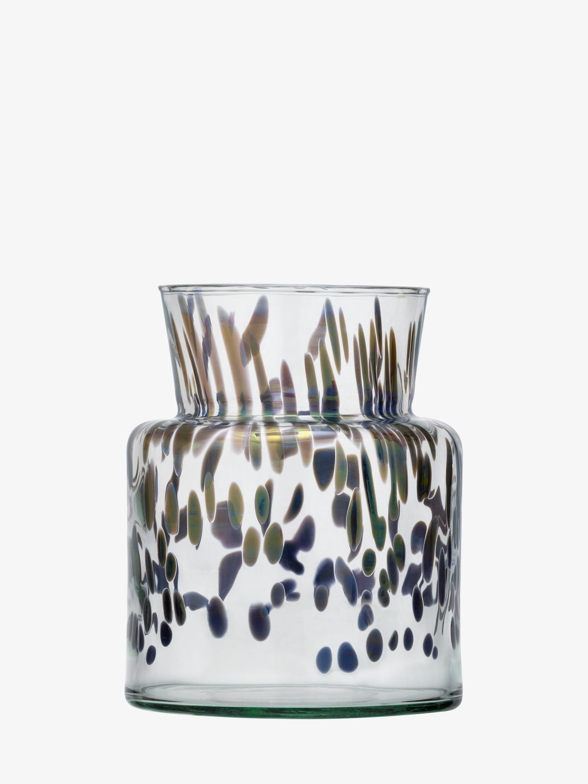 The lsa-international Vase/Lantern is crafted from clear, mouth-blown glass with a wide rim and cylindrical shape, decorated with abstract dark blue and purple spots and brushstroke patterns around its body.