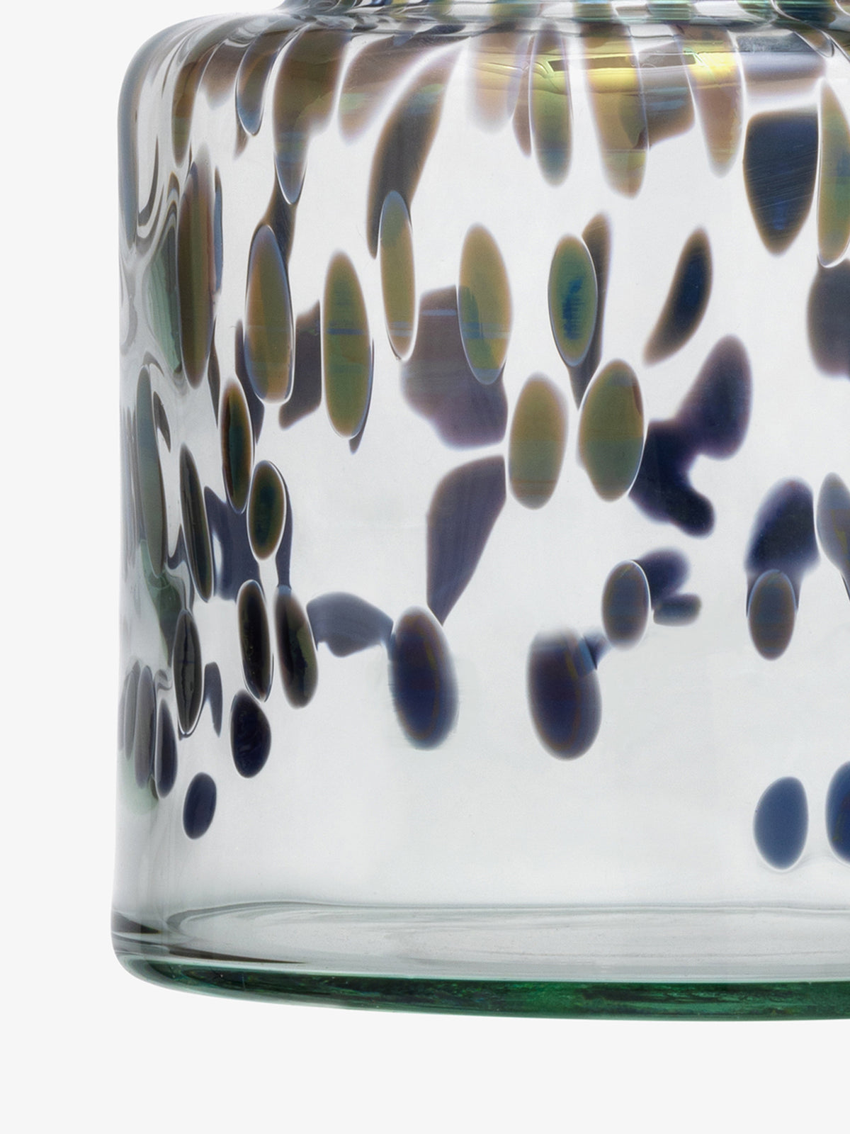 A close-up of the lsa-international Vase/Lantern, crafted from clear mouth-blown glass with abstract multicolored ovals and dots in green, blue, and brown embedded within the glass.