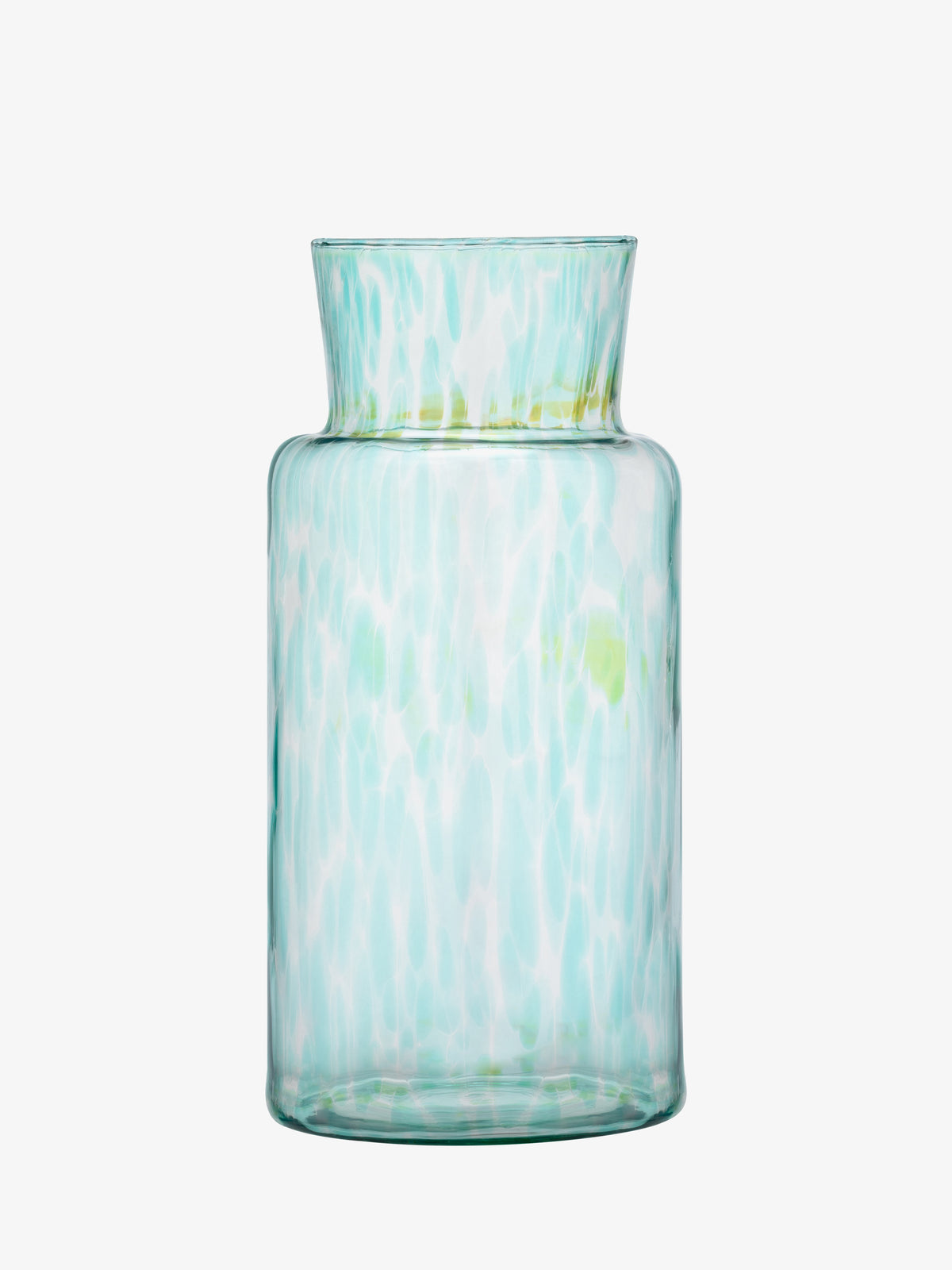 The lsa-international Vase is crafted from clear recycled glass and features a wide mouth, adorned with a light blue and green speckled pattern inspired by sea glass, displayed against a plain white background.