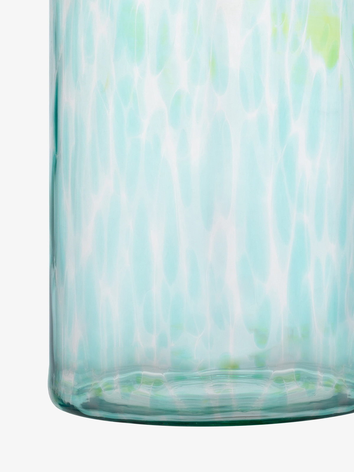Close-up of the lower portion of the lsa-international Vase, crafted from translucent recycled glass and featuring a blue and white marbled pattern with subtle green accents reminiscent of sea glass, set against a white background.