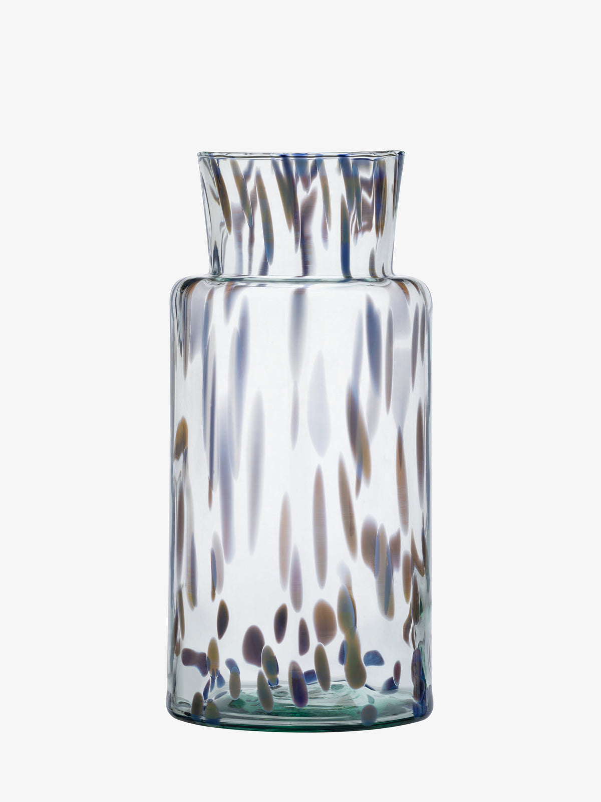 Lsa-international Vase crafted from recycled clear glass, featuring a wide neck and decorated with an abstract pattern of brown, blue, and gray spots and streaks on a plain white background.