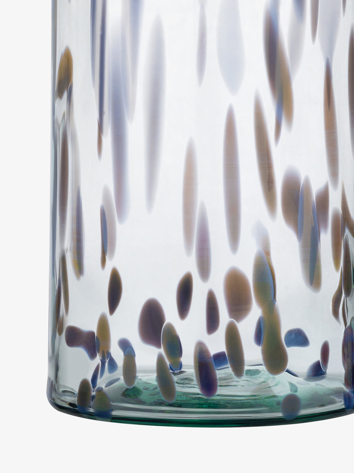 Close-up of the lsa-international Vase crafted from clear recycled glass, featuring abstract oval-shaped blue, brown, and white spots scattered across its surface. The background is plain white.