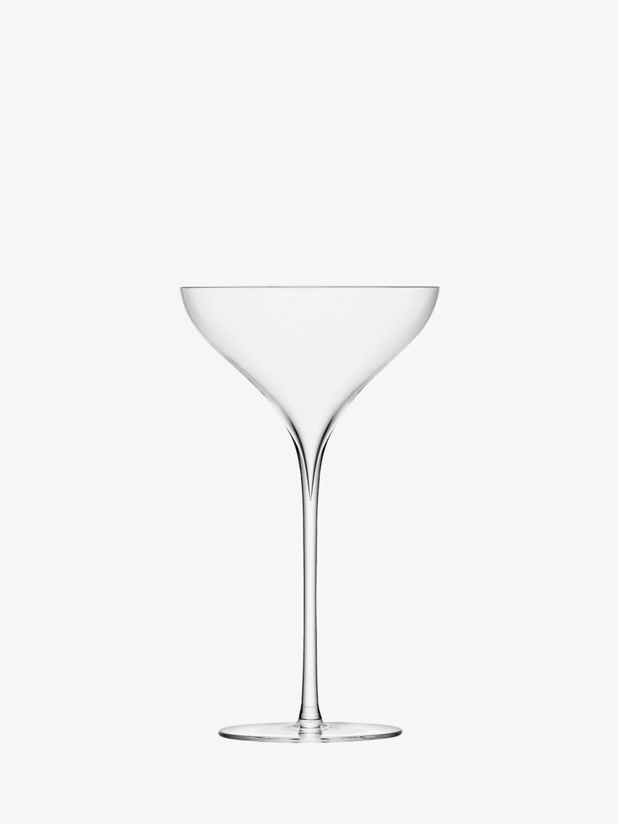 A clear, empty Champagne Saucer by lsa-international with a wide rim, hand-drawn stem, and circular base, set against a plain white background—its delicate silhouette reminiscent of fine mouth-blown coupes designed to highlight every sparkle point.