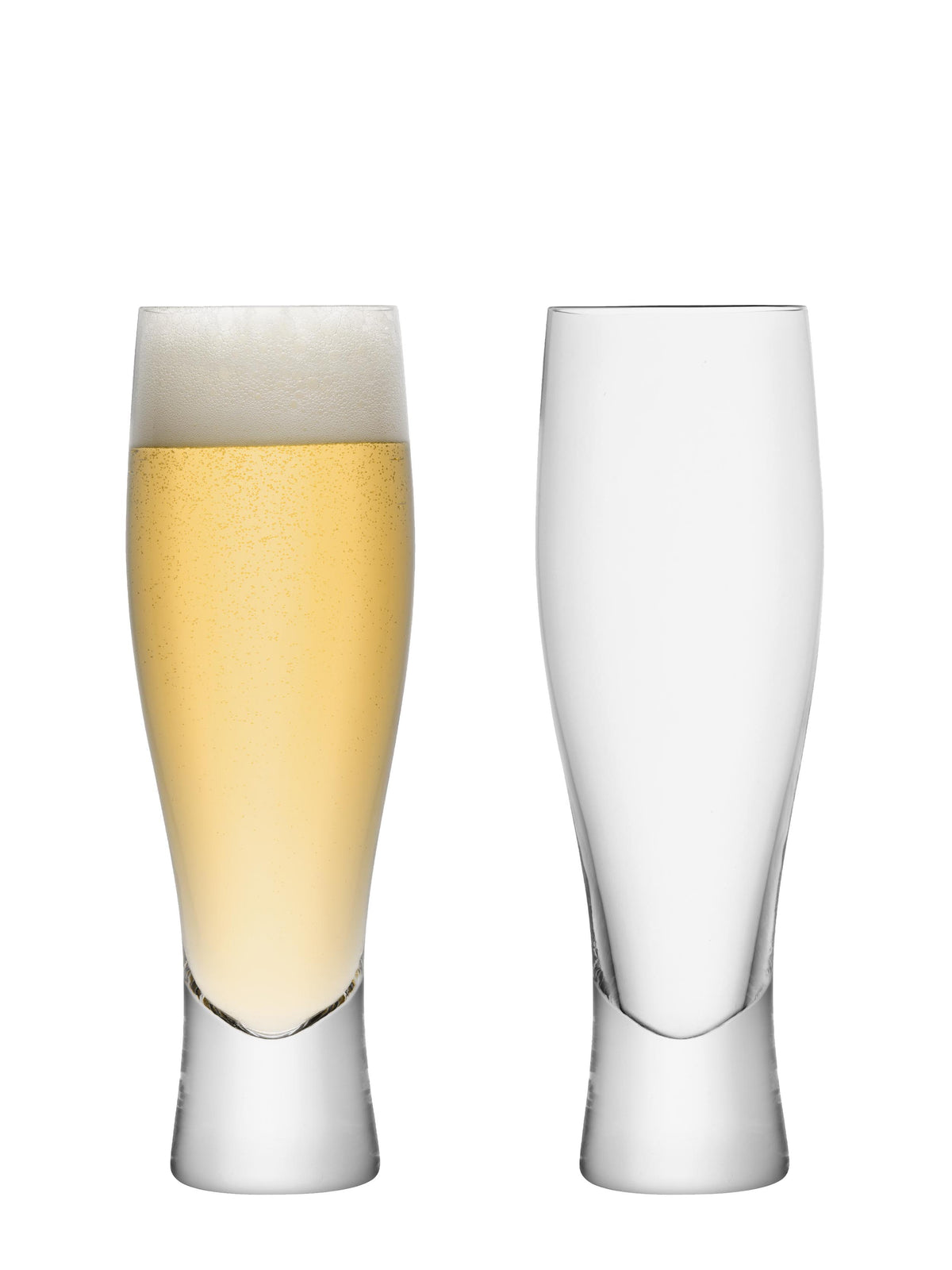 Two tall Lager Glasses by lsa-international stand side by side; the left glass is filled with light beer and foam, while the right glass remains empty. Each features a sturdy glass base and showcases elegant, mouth blown craftsmanship.