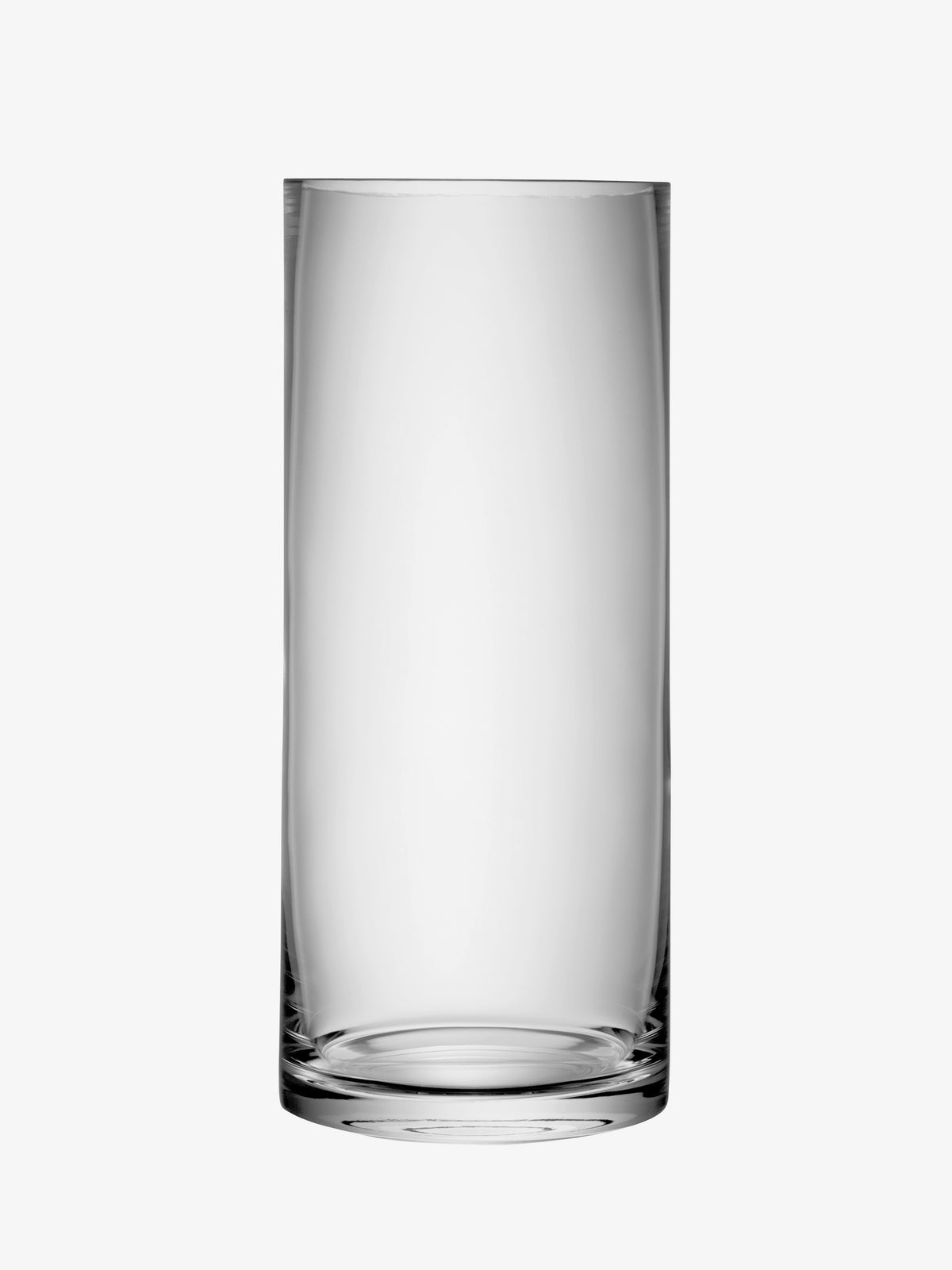 Clear, mouth-blown LSA International cylindrical glass vase with a thick base and hand-finished edges.