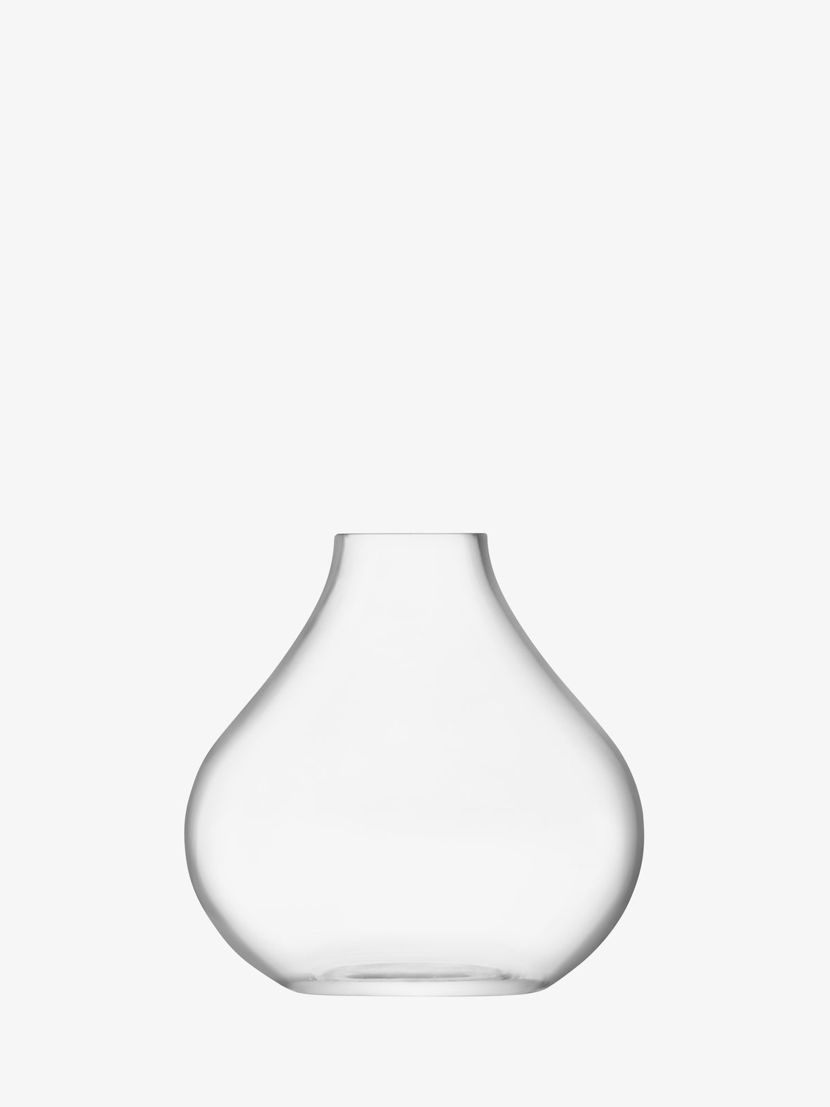 The lsa-international Sprig Vase features a clear, bulb-shaped mouth-blown design with a wide rounded base and a narrow opening, pictured against a plain white background.