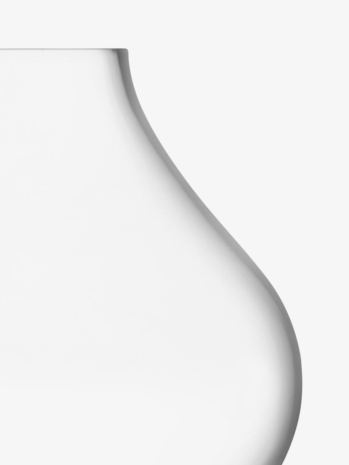 A close-up of the lsa-international Sprig Vase, a transparent mouth-blown piece with a curvy silhouette, wide body, and narrow neck. Its smooth, clean lines and minimalist design stand out against a plain white background.