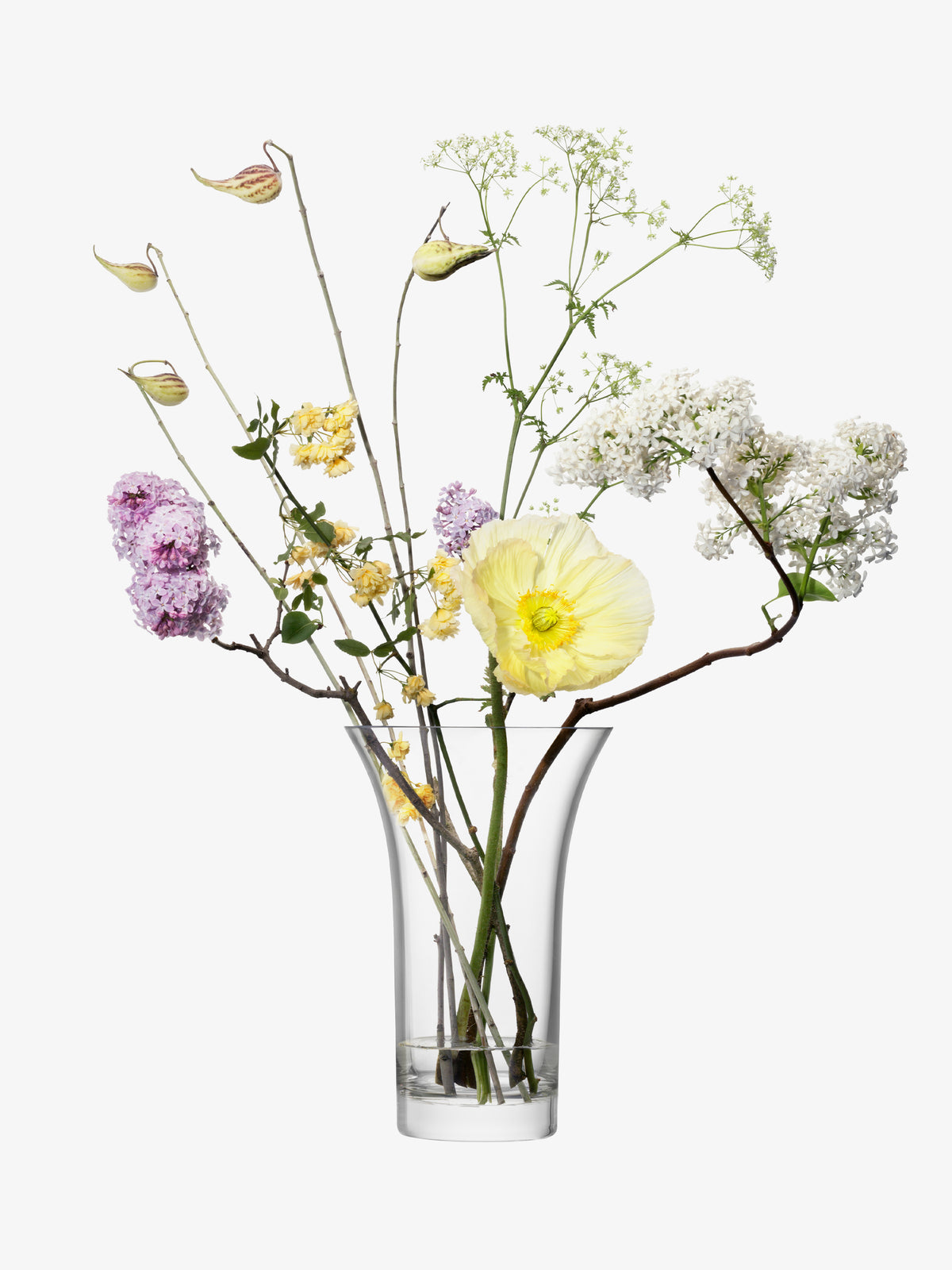 The Flared Bouquet Vase by lsa-international features an assortment of yellow, white, and purple flowers with green stems, beautifully arranged against a white background.