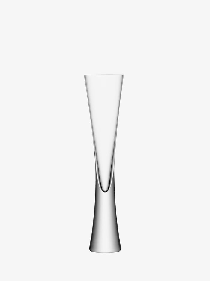 A tall, clear, and narrow lsa-international Champagne Flute glass featuring a modern, flared design reminiscent of mouth-blown craftsmanship, displayed against a plain white background.