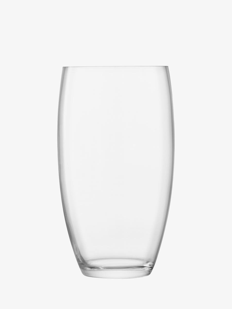 The lsa-international Barrel Bouquet Vase, a tall, mouth-blown clear glass vessel, stands empty and centered against a plain white background.