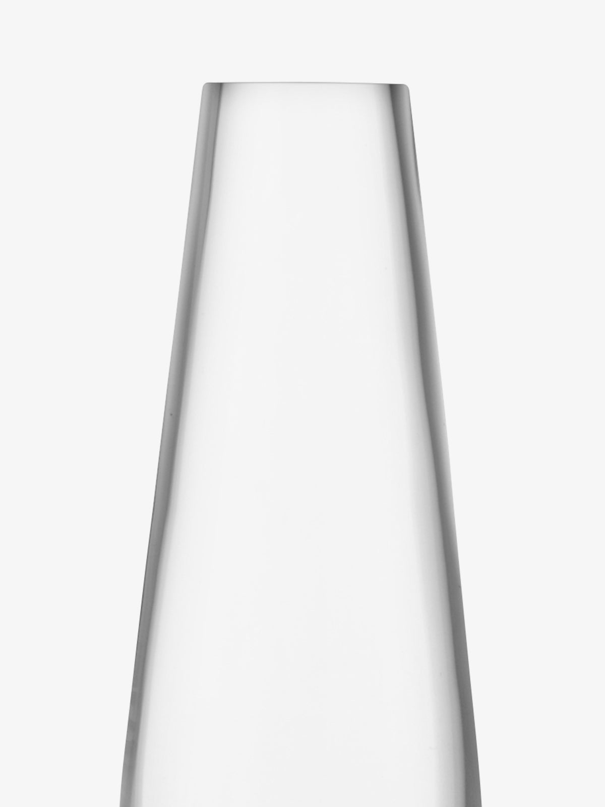 A close-up of the upper part of the clear, empty Single Stem Vase by lsa-international, showcasing its mouth-blown glass with smooth, gently tapered sides against a plain white background.