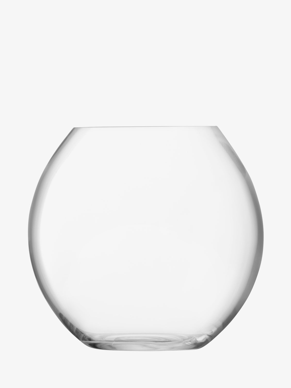 A clear, mouth-blown Bouquet Vase by lsa-international, featuring a wide spherical body and a narrow opening, is displayed empty against a plain white background.