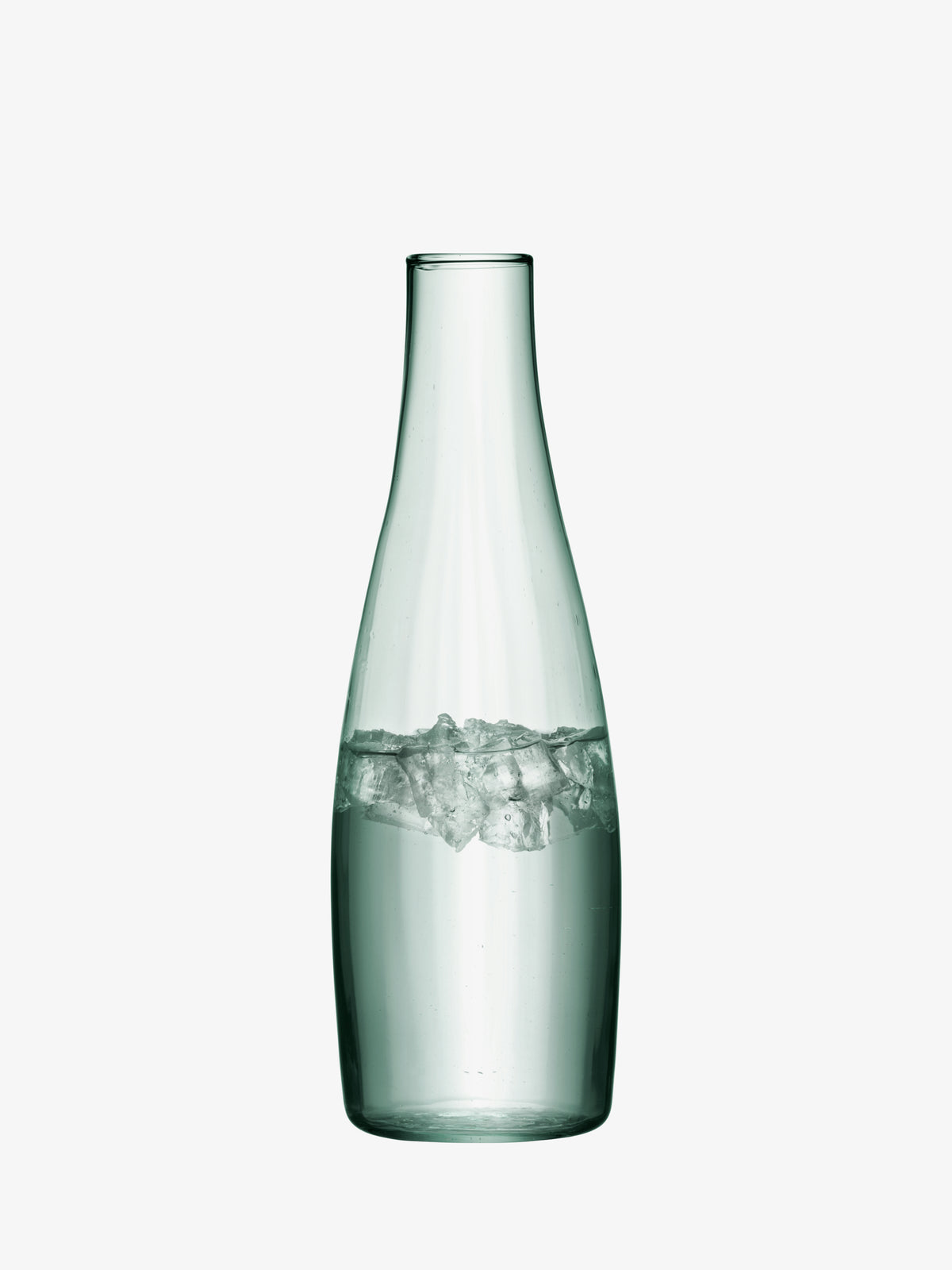 An LSA-international Water Carafe, mouth-blown and partially filled with water and ice cubes.