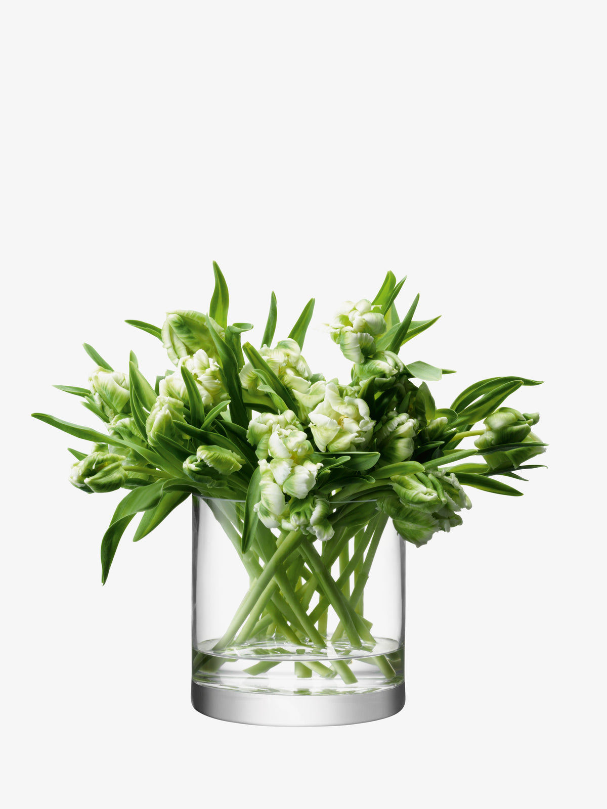 A bouquet of white and green tulips in an LSA-International Vase/Candleholder, which is a mouth-blown, wide glass cylindrical vase.