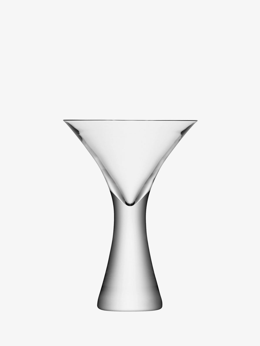 A clear, modern lsa-international Cocktail Glass features a wide, shallow fine bowl and a thick, solid base, showcased against a plain white background. The elegant silhouette reflects the craftsmanship typical of mouth-blown cocktail glasses and is enhanced by a subtly flared stem for a contemporary accent.