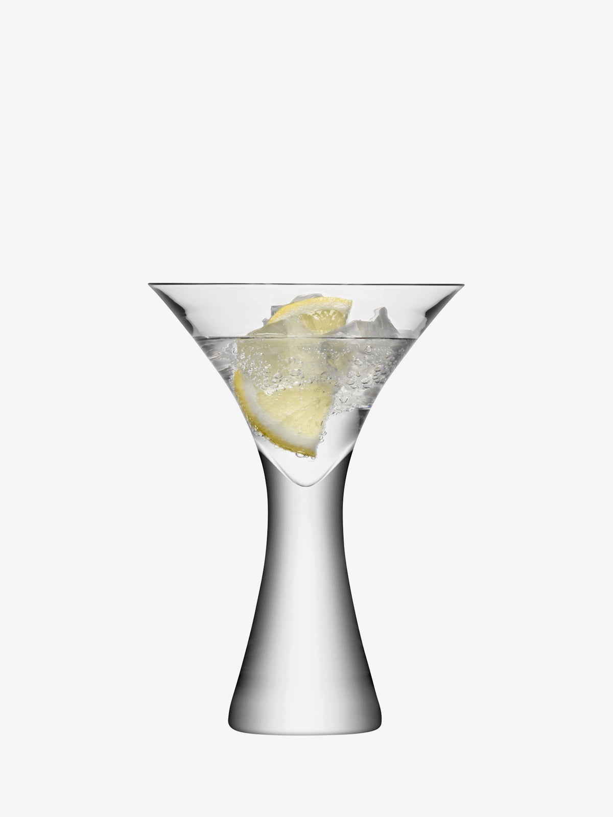 A clear drink with ice cubes and a lemon twist garnish sits in the lsa-international Cocktail Glass against a plain white background, its mouth-blown design featuring an elegant flared stem and fine bowl that elevate the presentation.
