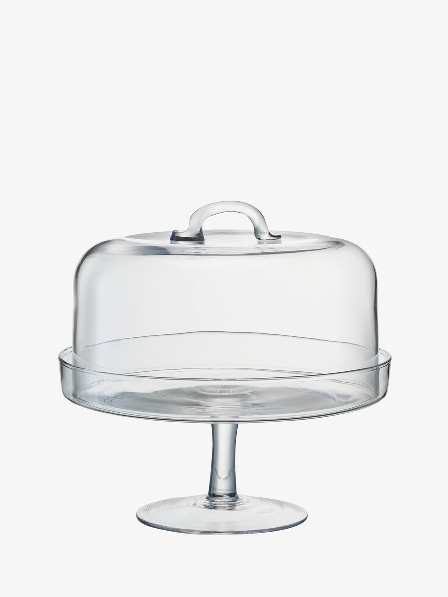 The lsa-international Cakestand & Dome, crafted from mouth-blown glass and complete with a matching dome lid featuring a top handle, is showcased against a plain white background.