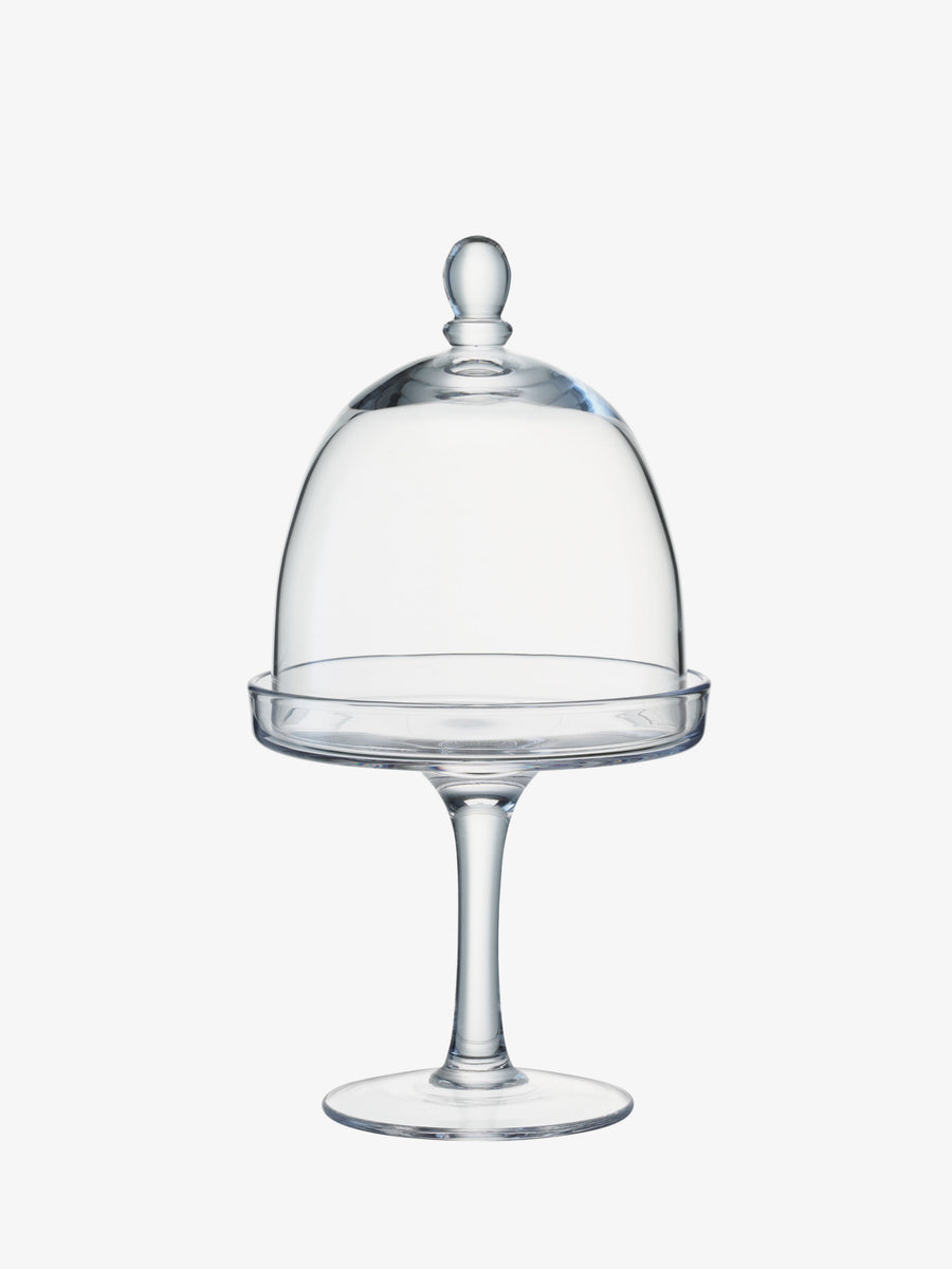 Lsa-international’s Stand & Dome—a clear, mouth-blown glass cakestand with matching dome lid, both empty and set against a plain white background—makes an elegant choice for displaying your petits fours.