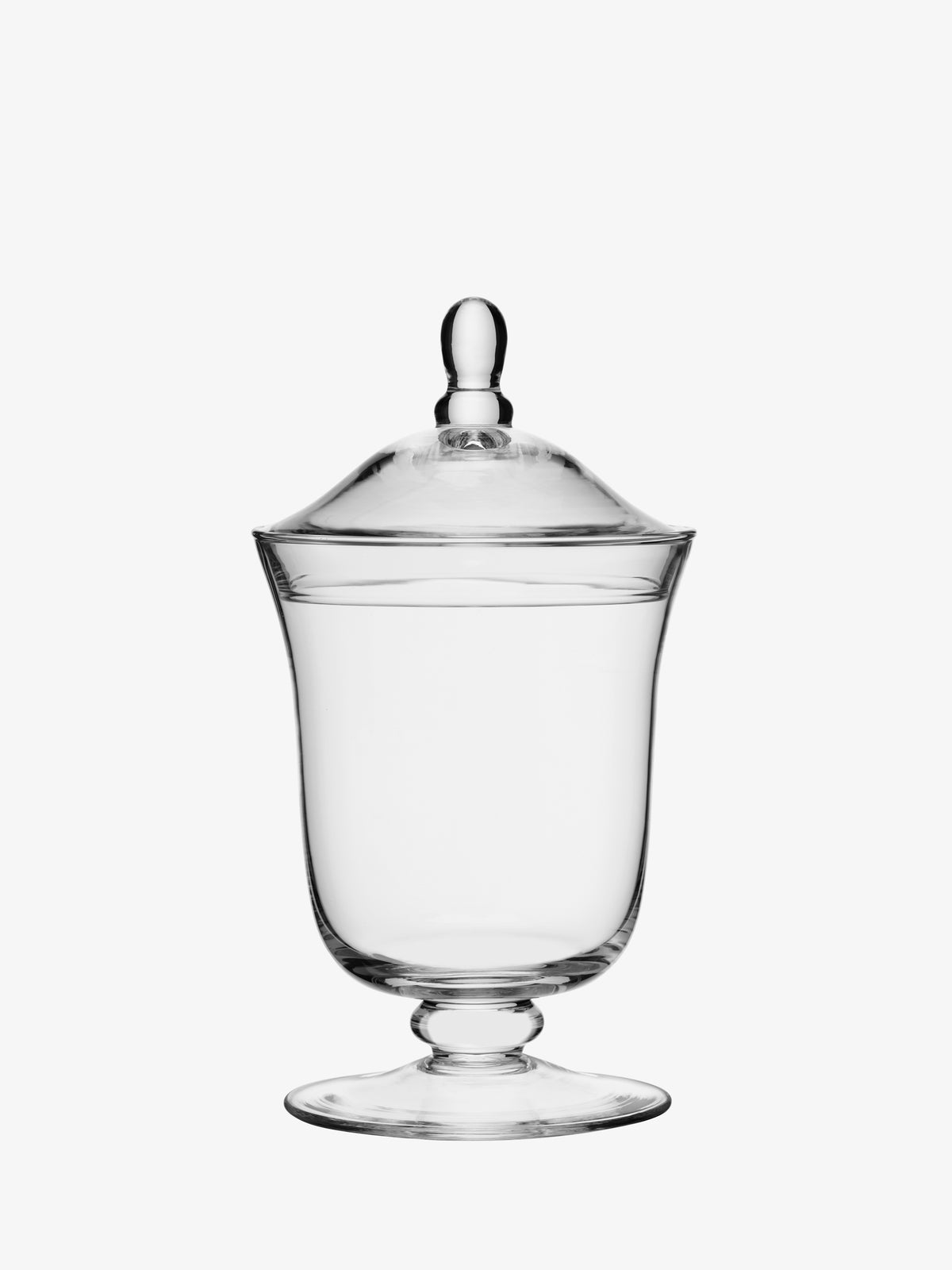 The lsa-international Bonbon Jar is a mouth-blown glass jar featuring a lid with a rounded knob handle, elegantly positioned on a short pedestal base and photographed against a plain white background.