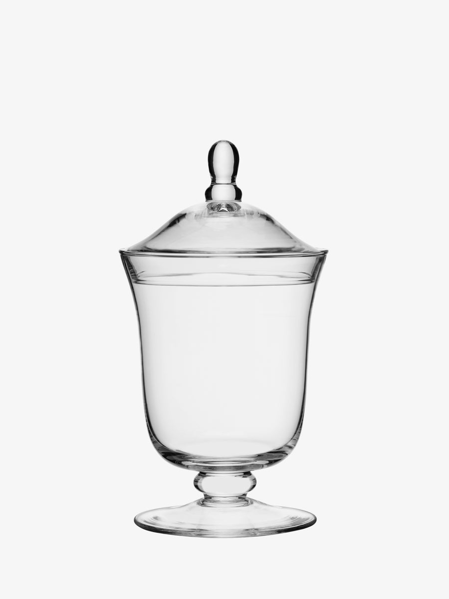 The lsa-international Bonbon Jar is a mouth-blown glass jar featuring a lid with a rounded knob handle, elegantly positioned on a short pedestal base and photographed against a plain white background.