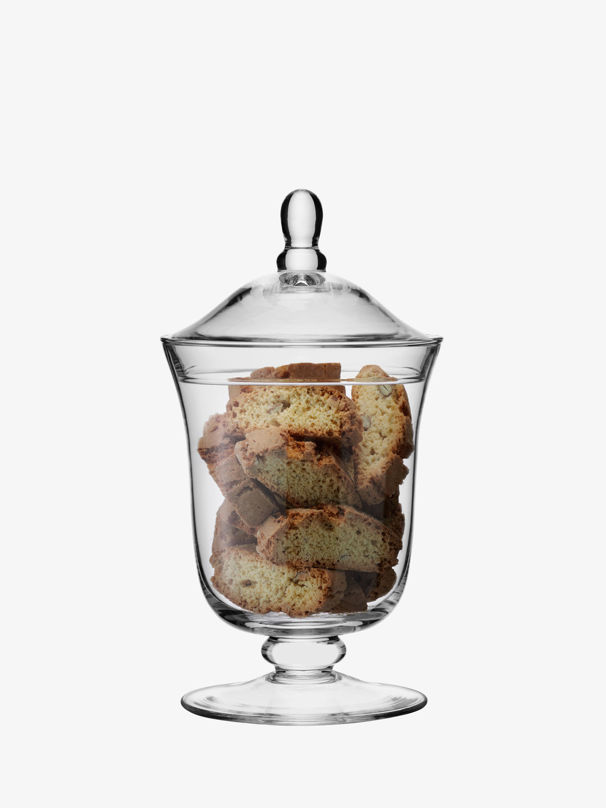 A lsa-international Bonbon Jar, crafted from mouth-blown glass and complete with a lid, is filled with rectangular pieces of biscotti and displayed on a white background.