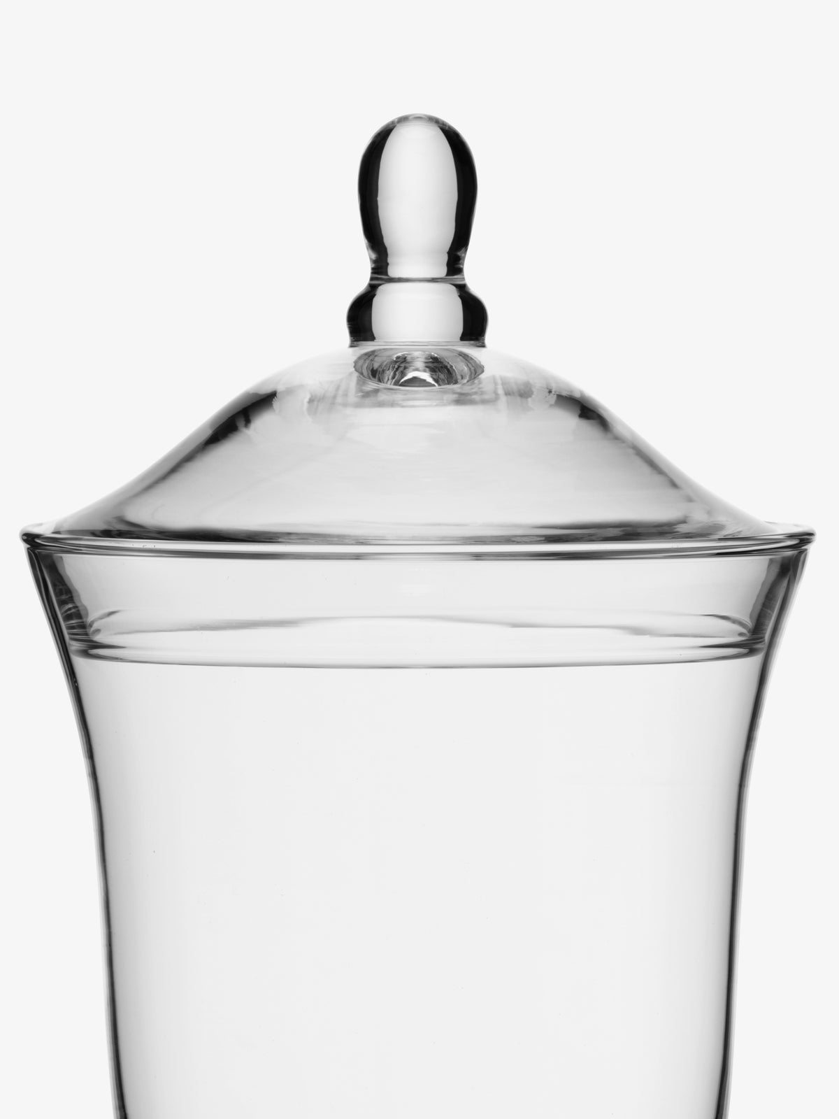 The lsa-international Bonbon Jar, crafted from clear mouth-blown glass, is displayed against a white background. This storage jar features smooth curved sides and a rounded knob atop its fitted lid.
