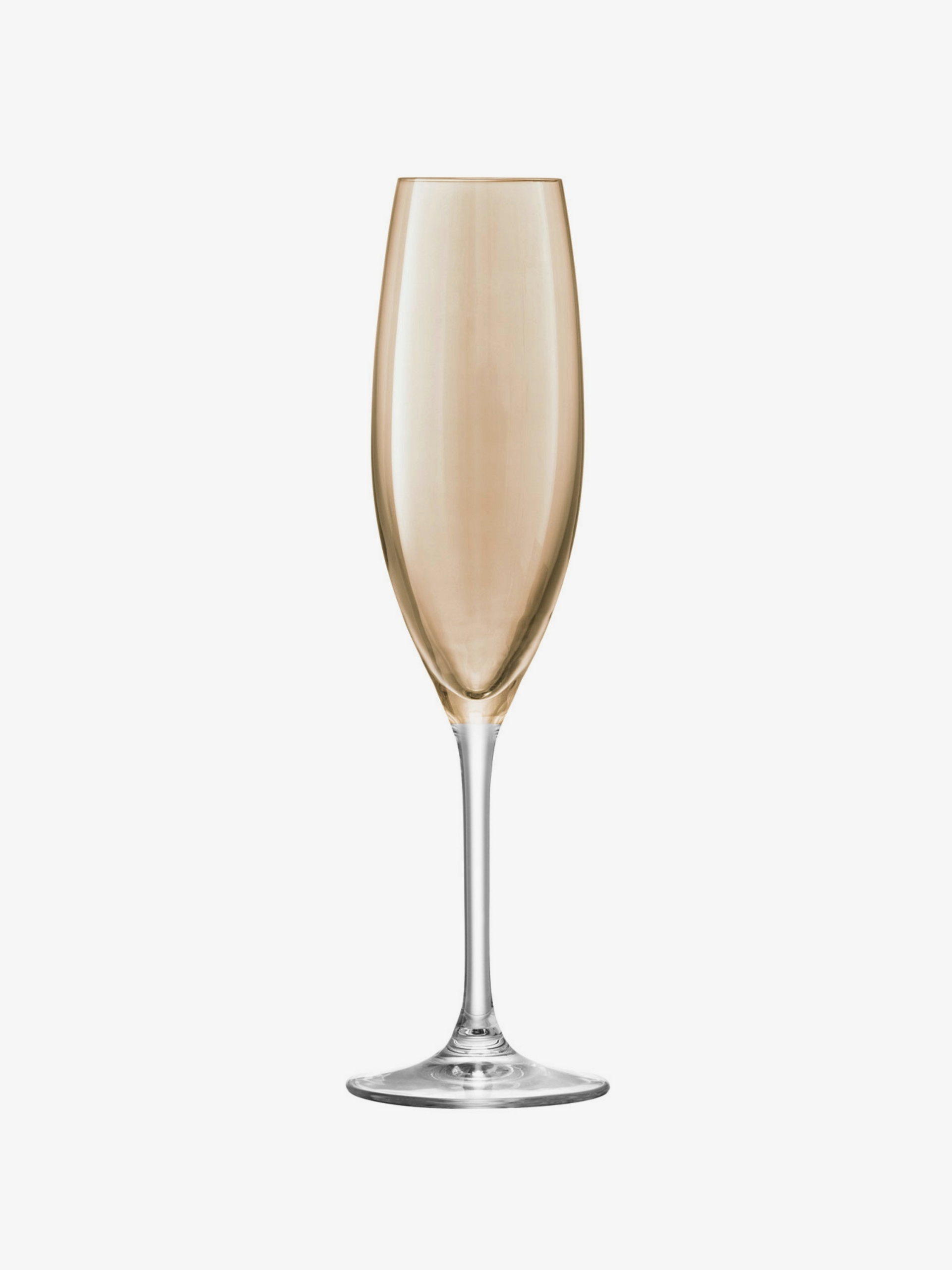 A single translucent champagne flute with a faint golden tint, standing upright on a plain white background.