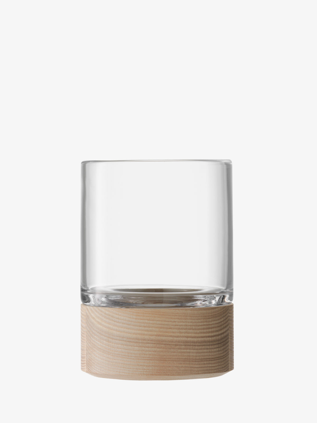 A clear glass Vase/Lantern by lsa-international, featuring a thick light ash base, displayed against a plain white background.