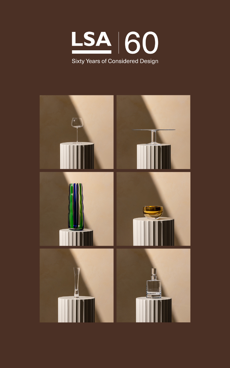 A promotional graphic for LSA 60, featuring the text 'Sixty Years of Considered Design' above a row of six product renderings on white pedestal bases against a warm beige background. The products include glassware and decor items in neutral tones, with one green-and-blue striped vase and one gold ring.